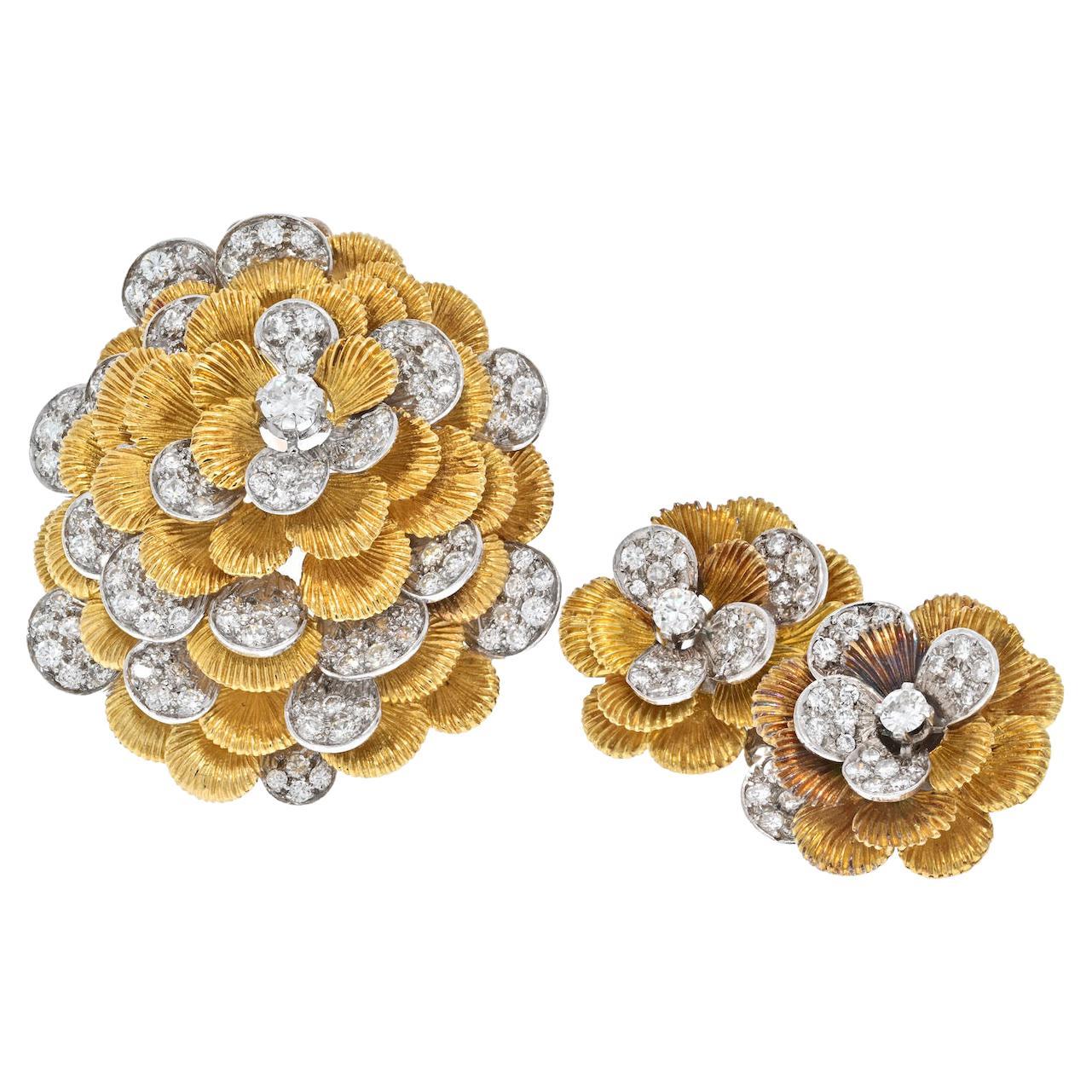 Kutchinsky Platinum & 18K Yellow Gold Diamond Brooch And Earrings Jewelry Set