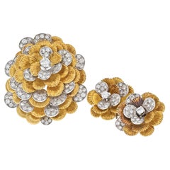 Kutchinsky Platinum & 18K Yellow Gold Diamond Brooch And Earrings Jewelry Set