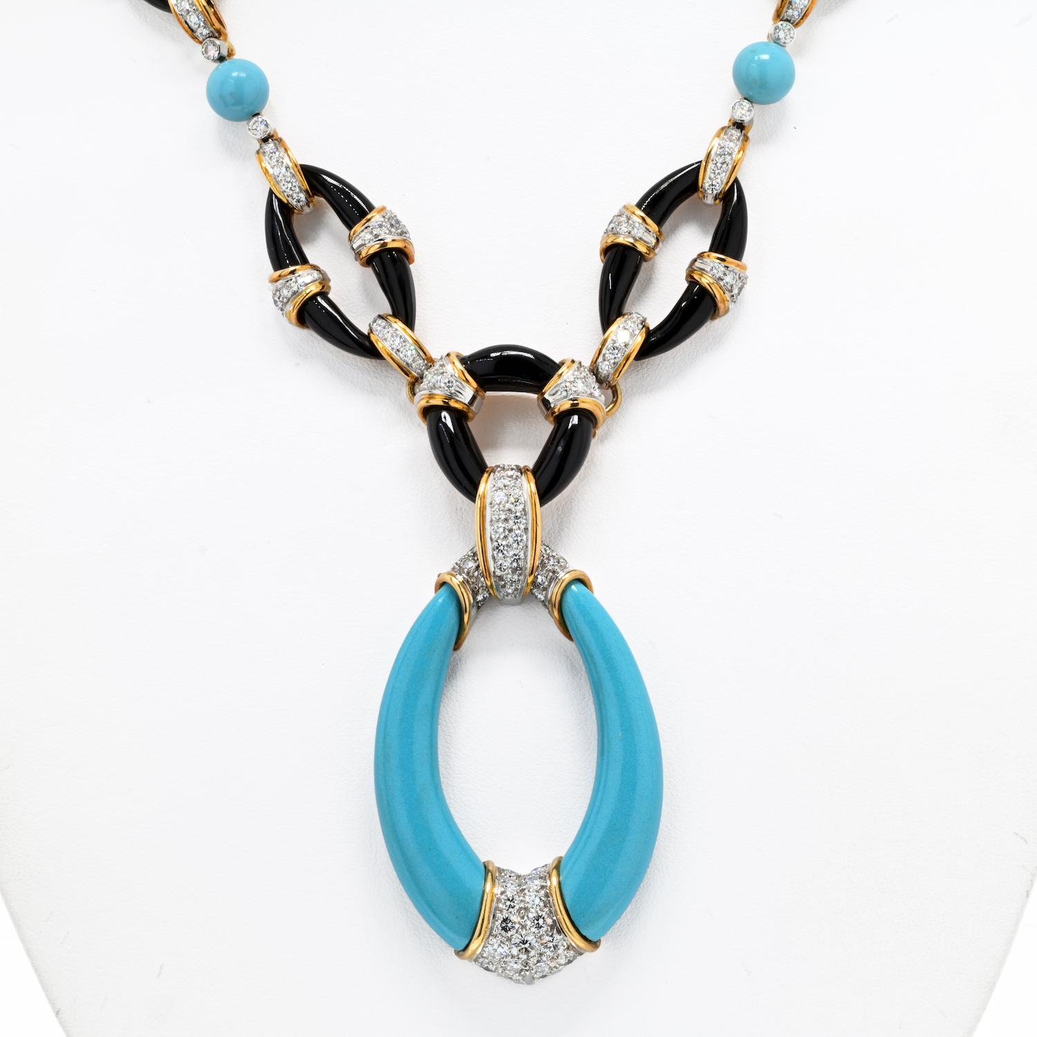 Modern Kutchinsky Platinum & 18K Yellow Gold Turquoise Onyx And Diamond Necklace For Sale