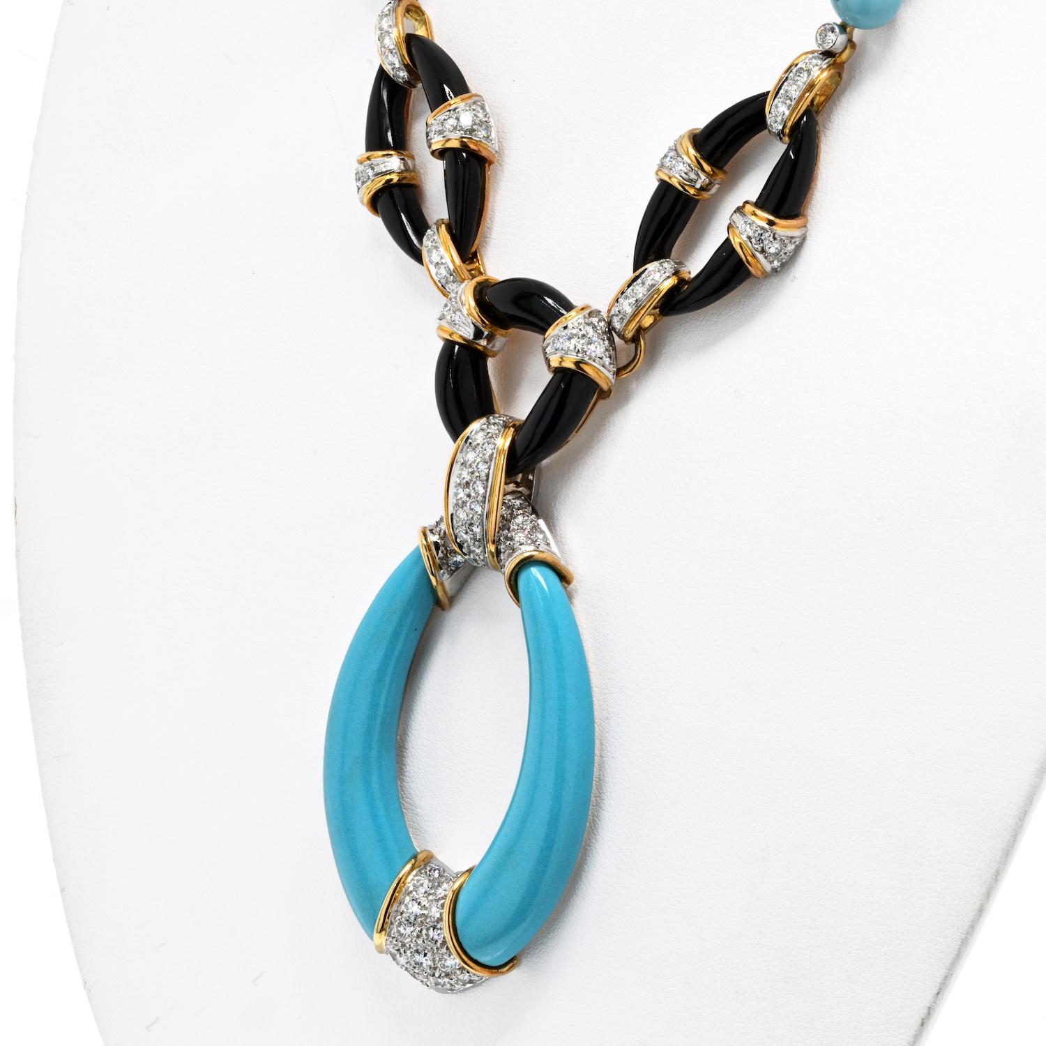 Round Cut Kutchinsky Platinum & 18K Yellow Gold Turquoise Onyx And Diamond Necklace For Sale
