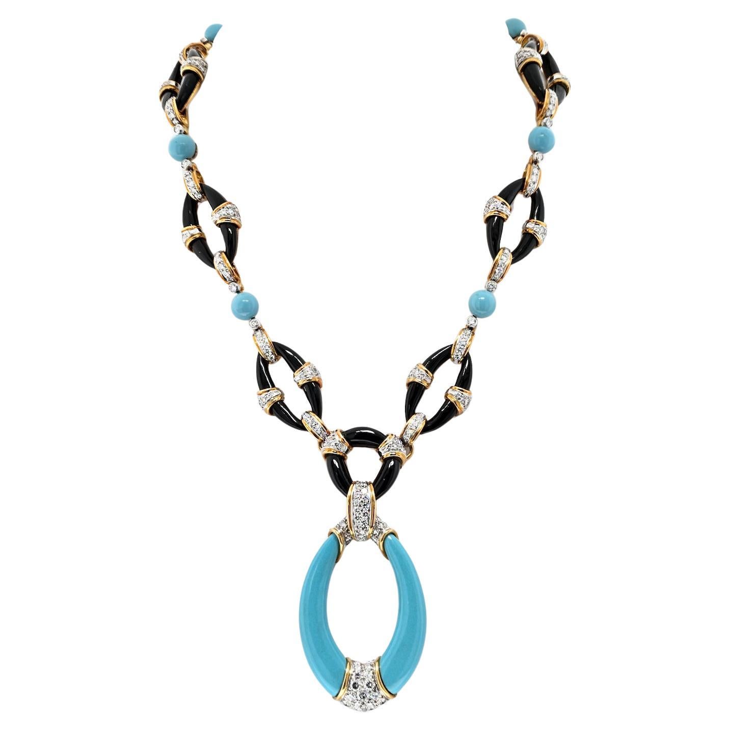 Kutchinsky Platinum & 18K Yellow Gold Turquoise Onyx And Diamond Necklace For Sale