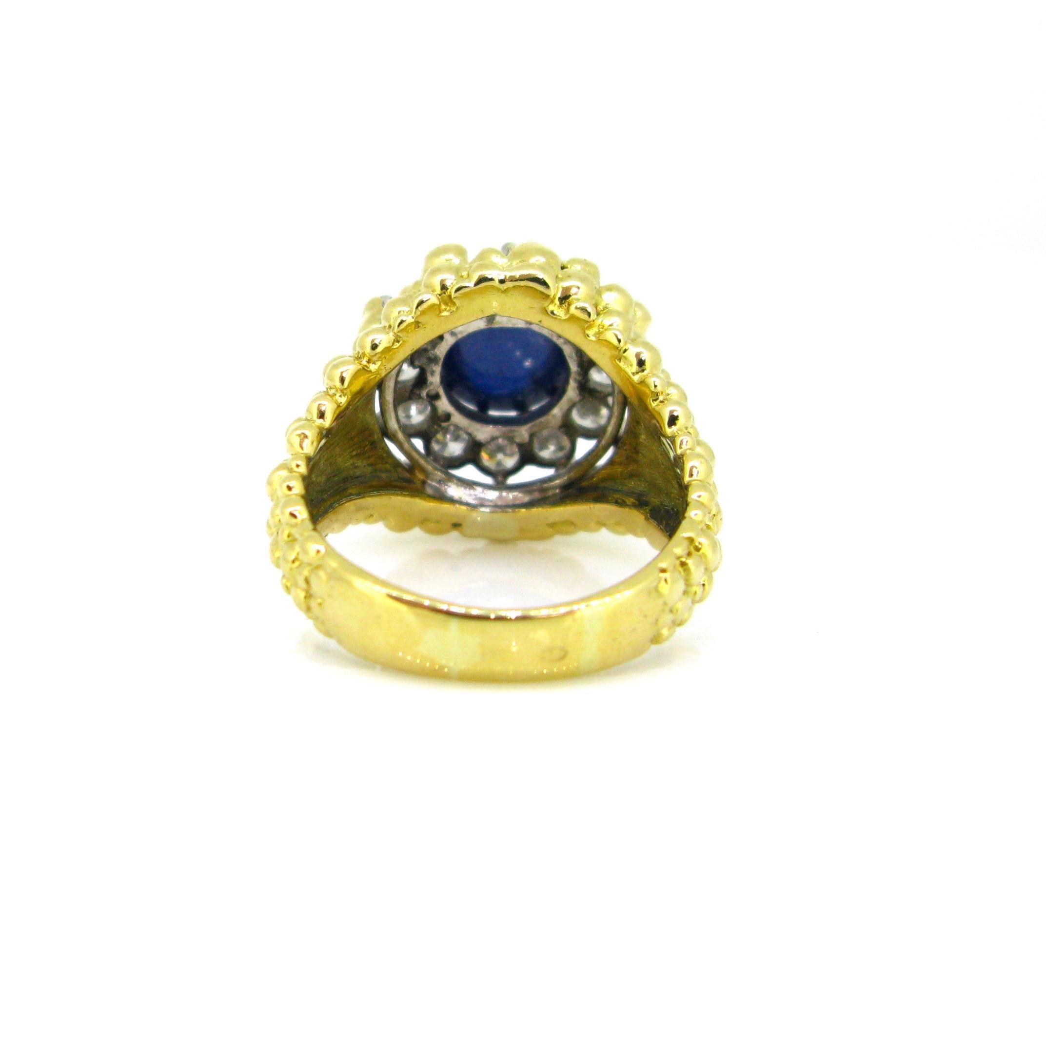 Round Cut Kutchinsky Sapphire Diamond Cluster Yellow Gold 1970s Ring