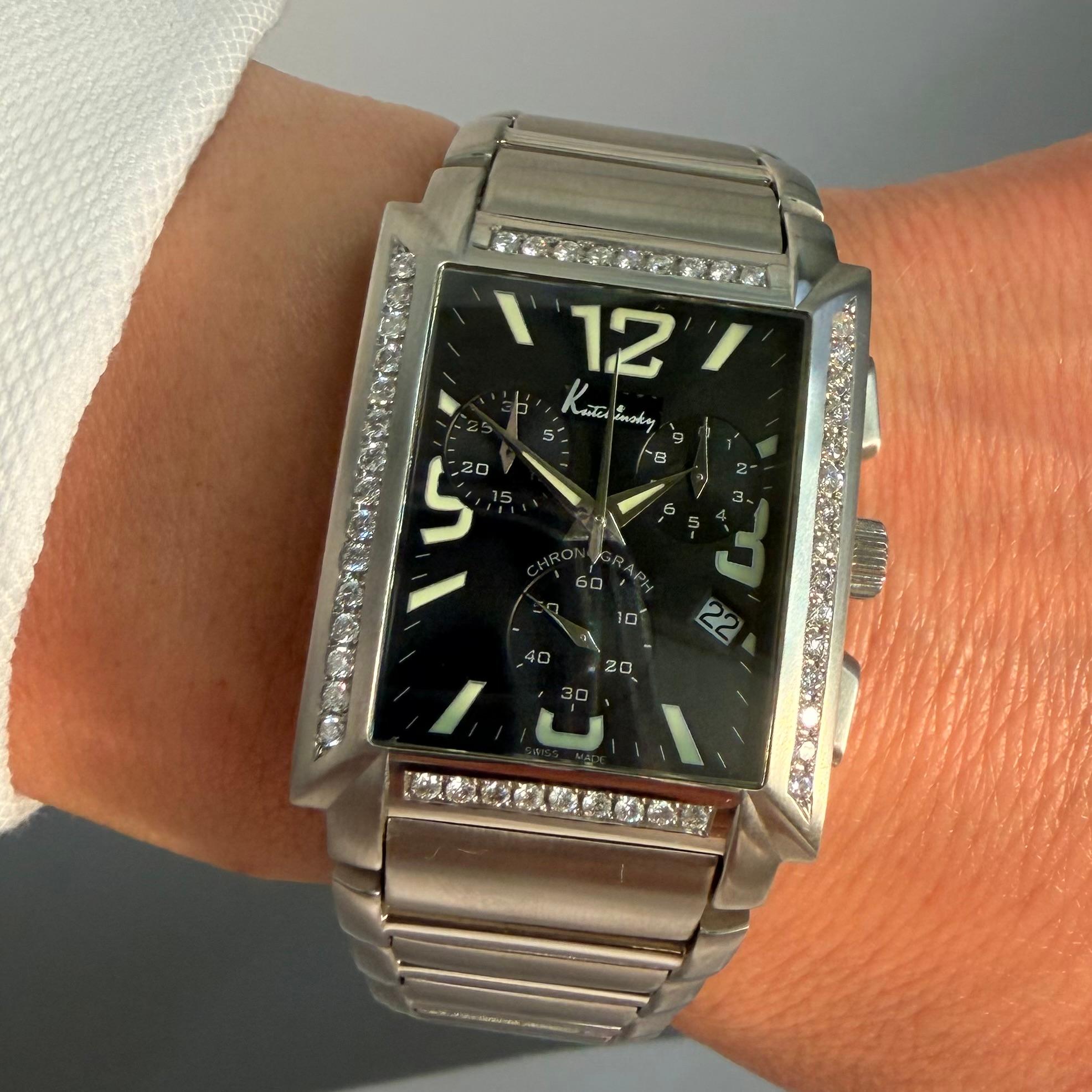 Montre-bracelet Kutchinsky en acier inoxydable avec chronographe à diamants en vente 6