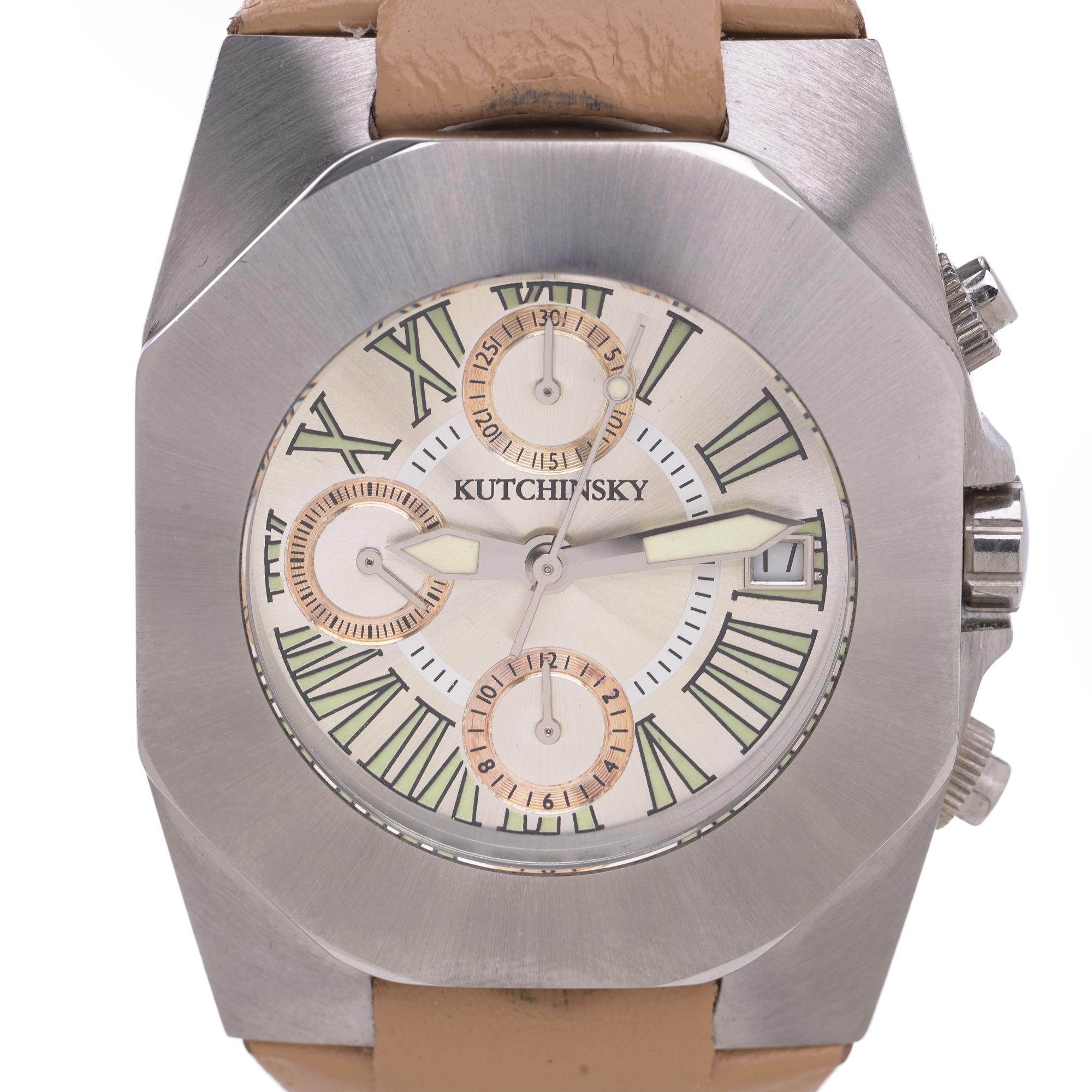 Femenino o masculino Reloj de pulsera cronógrafo automático de acero Kutchinsky, fondo de caja de exposición, años 2000 en venta