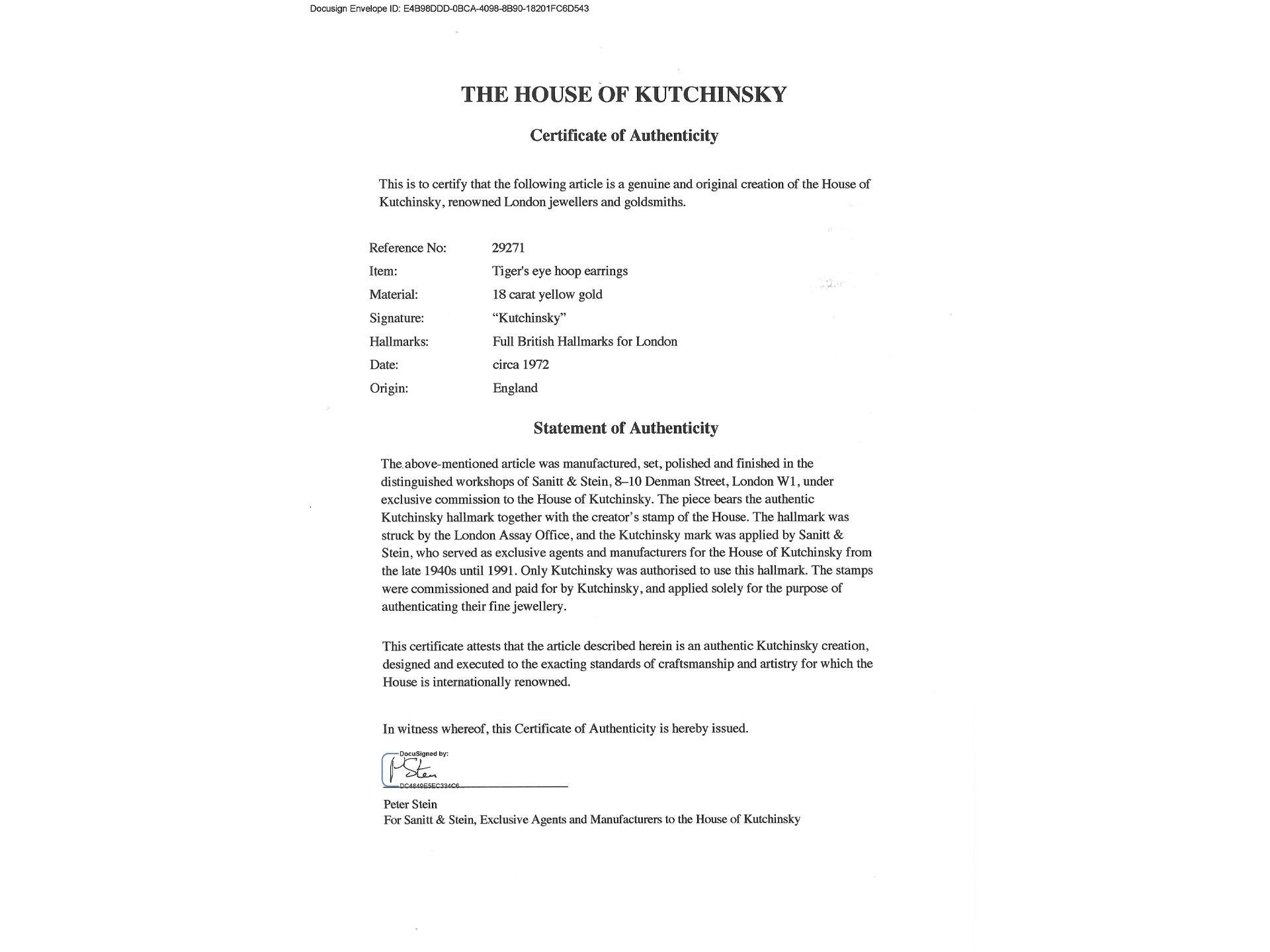 Kutchinsky tiger's eye hoop earrings, English, 1972. 2