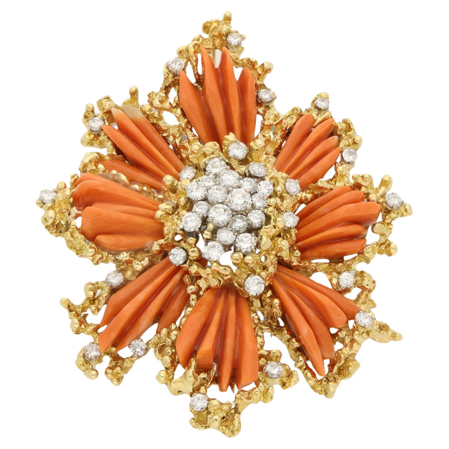 Kutchinsky Vintage 18ct Yellow Gold Coral And Diamond Brooch 1969 For Sale