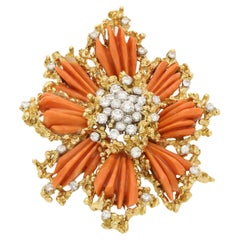 Kutchinsky Broche vintage en or jaune 18 carats, corail et diamants, 1969