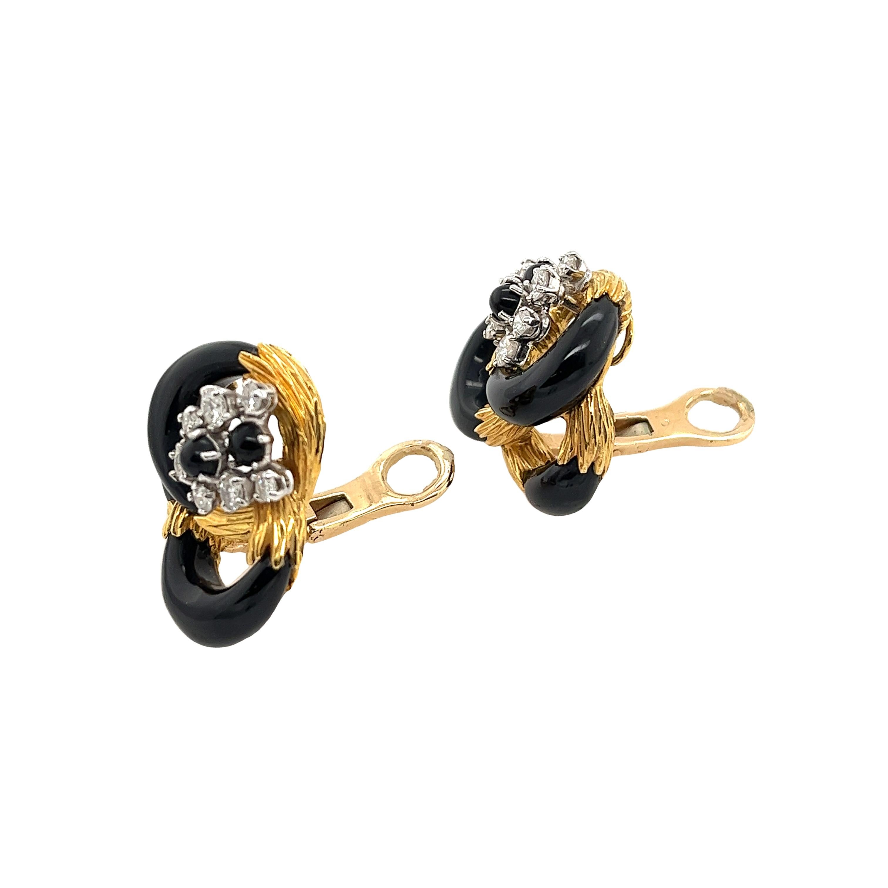Kutchinsky Vintage Diamond Earrings Black Enamel Set In 18ct Yellow Gold In Excellent Condition For Sale In London, GB