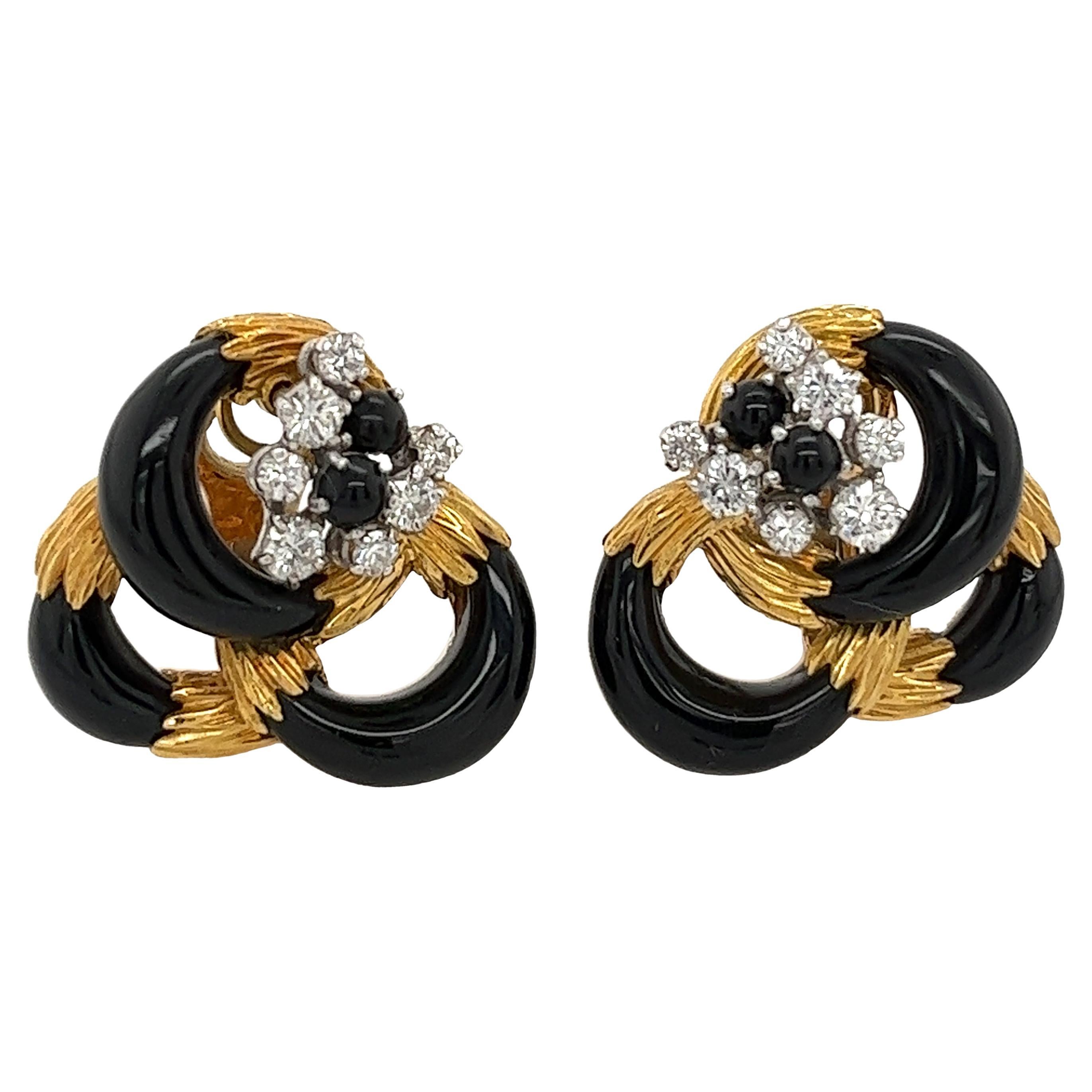 Kutchinsky Vintage Diamond Earrings Black Enamel Set In 18ct Yellow Gold