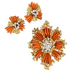 Kutchinsky Vintage Gold Coral and Diamond Brooch And Earring Suite 1969/70