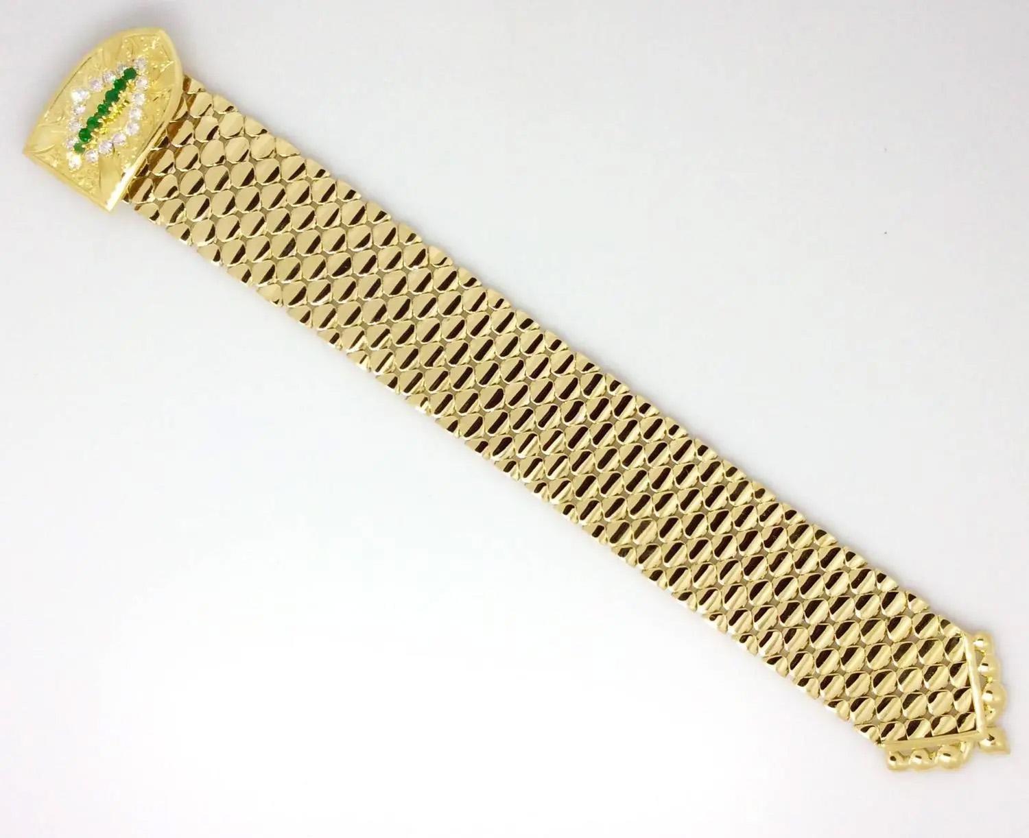 Retro Kutchinsky Wide Emerald Diamond Gold Buckle Bracelet in 18k Yellow Gold