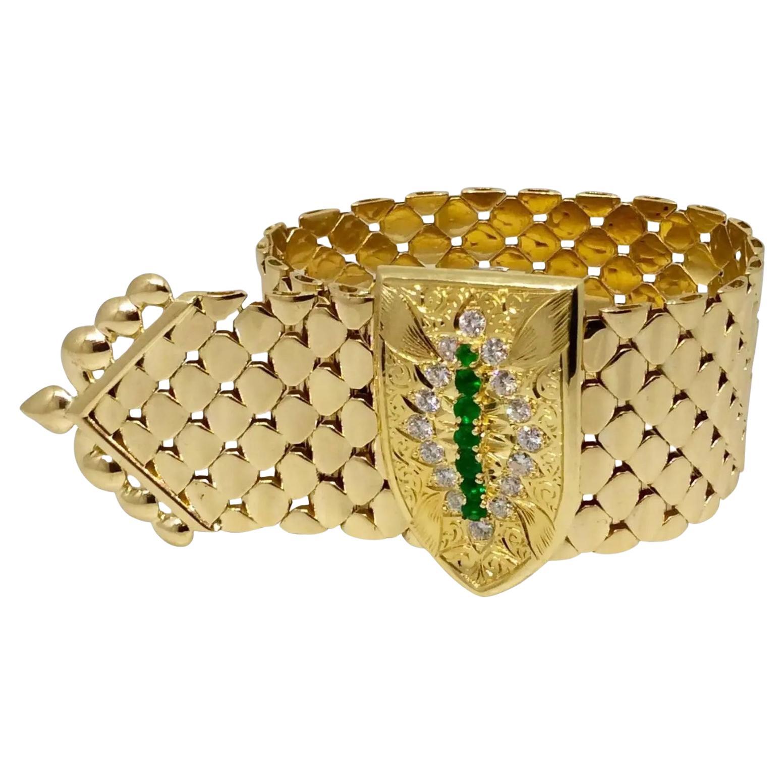Kutchinsky Wide Emerald Diamond Gold Buckle Bracelet in 18k Yellow Gold For Sale