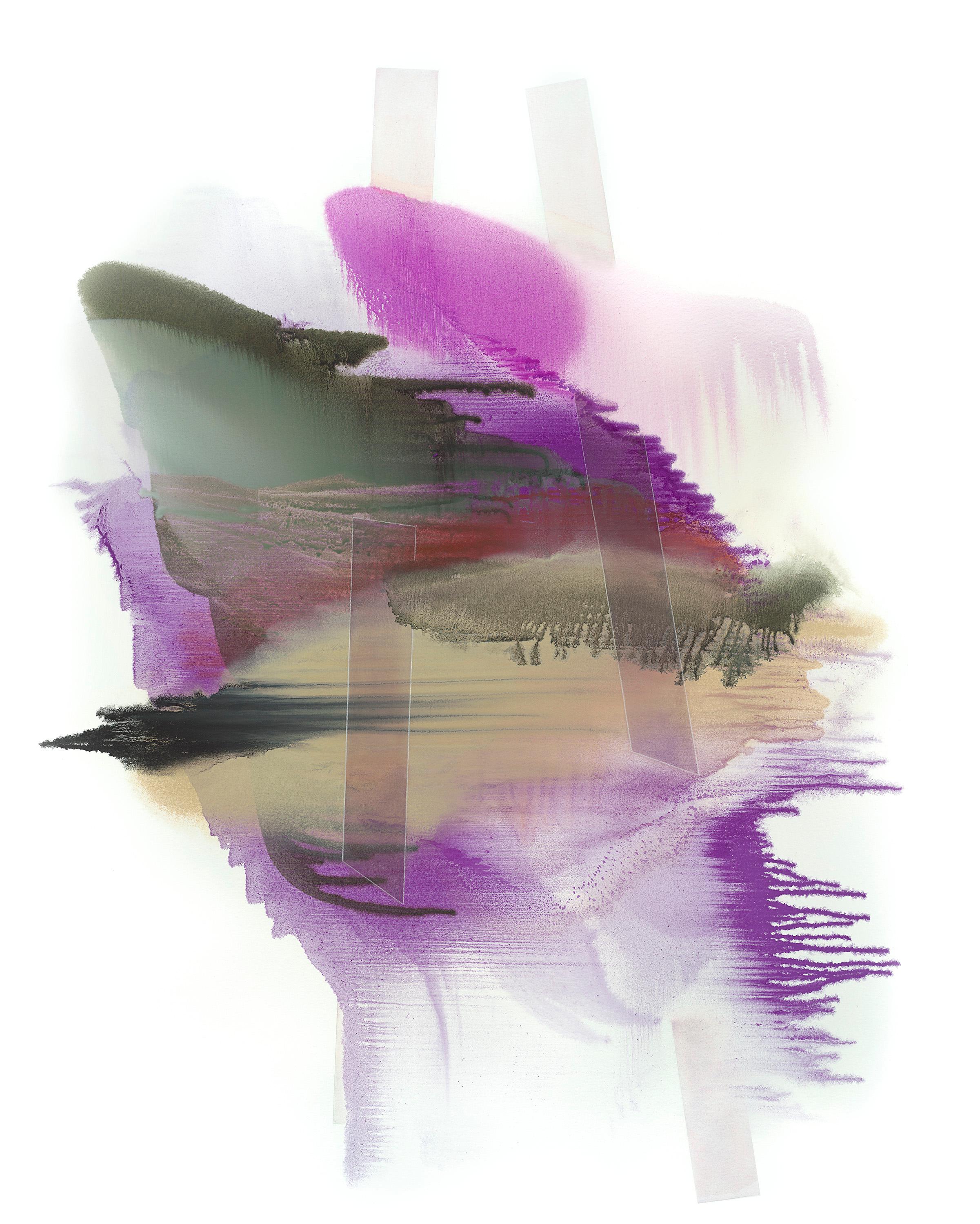 "Antares" ist ein schwungvolles zeitgenössisches abstraktes Ölgemälde von Kuzana Ogg. Die Komposition mit ihren violetten, sandfarbenen, roten und dunkelgrünen Tönen scheint über die Leinwand zu tanzen. In ihren neueren Gemälden verwendet Ogg häufig