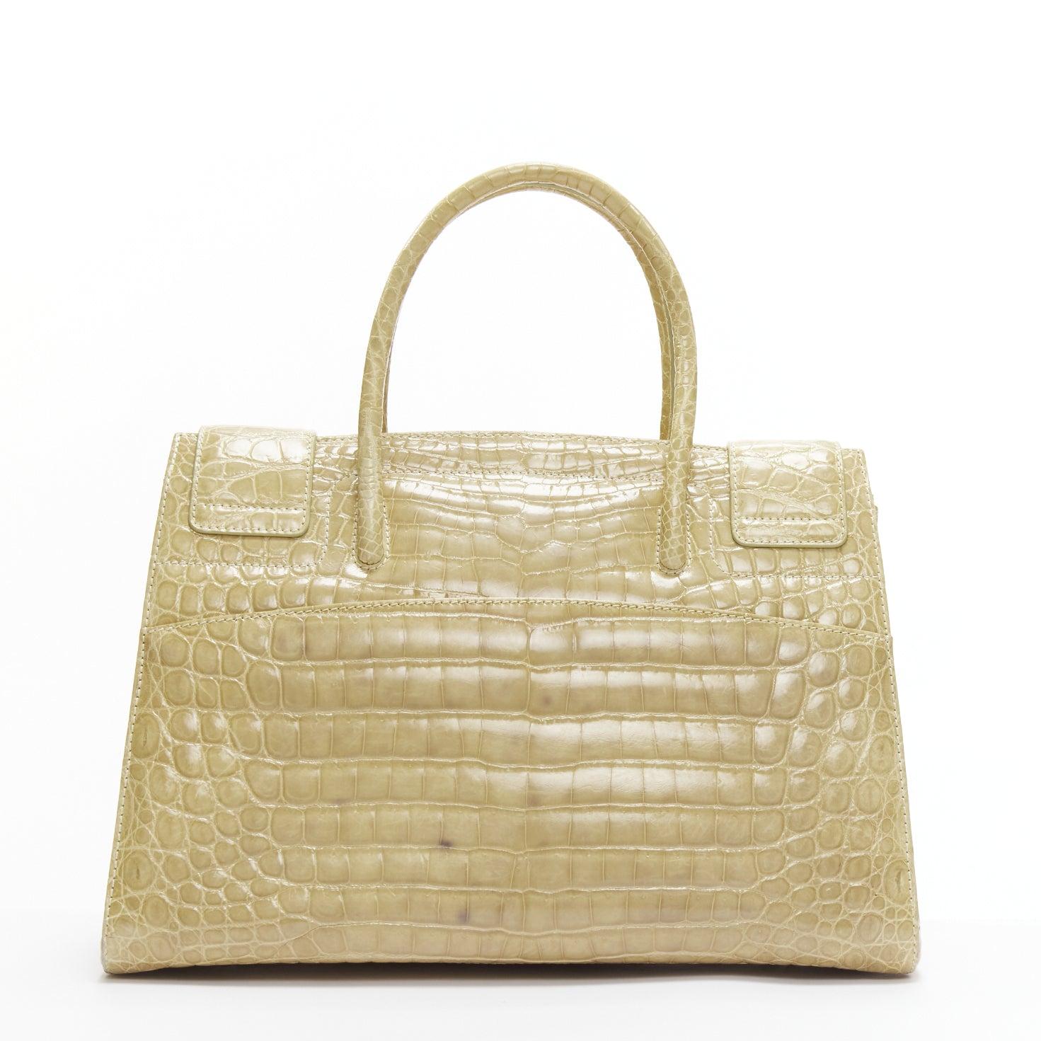 Women's KWANPEN beige scaled leather turnlock buckles side panels tote bag For Sale