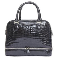 KWANPEN black high shine glossy scaled leather hardware zipper top handbag
