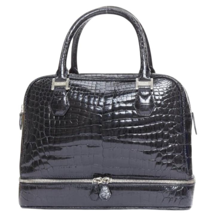 KWANPEN black high shine glossy scaled leather zipper top handbag