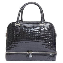 KWANPEN black high shine glossy scaled leather zipper top handbag