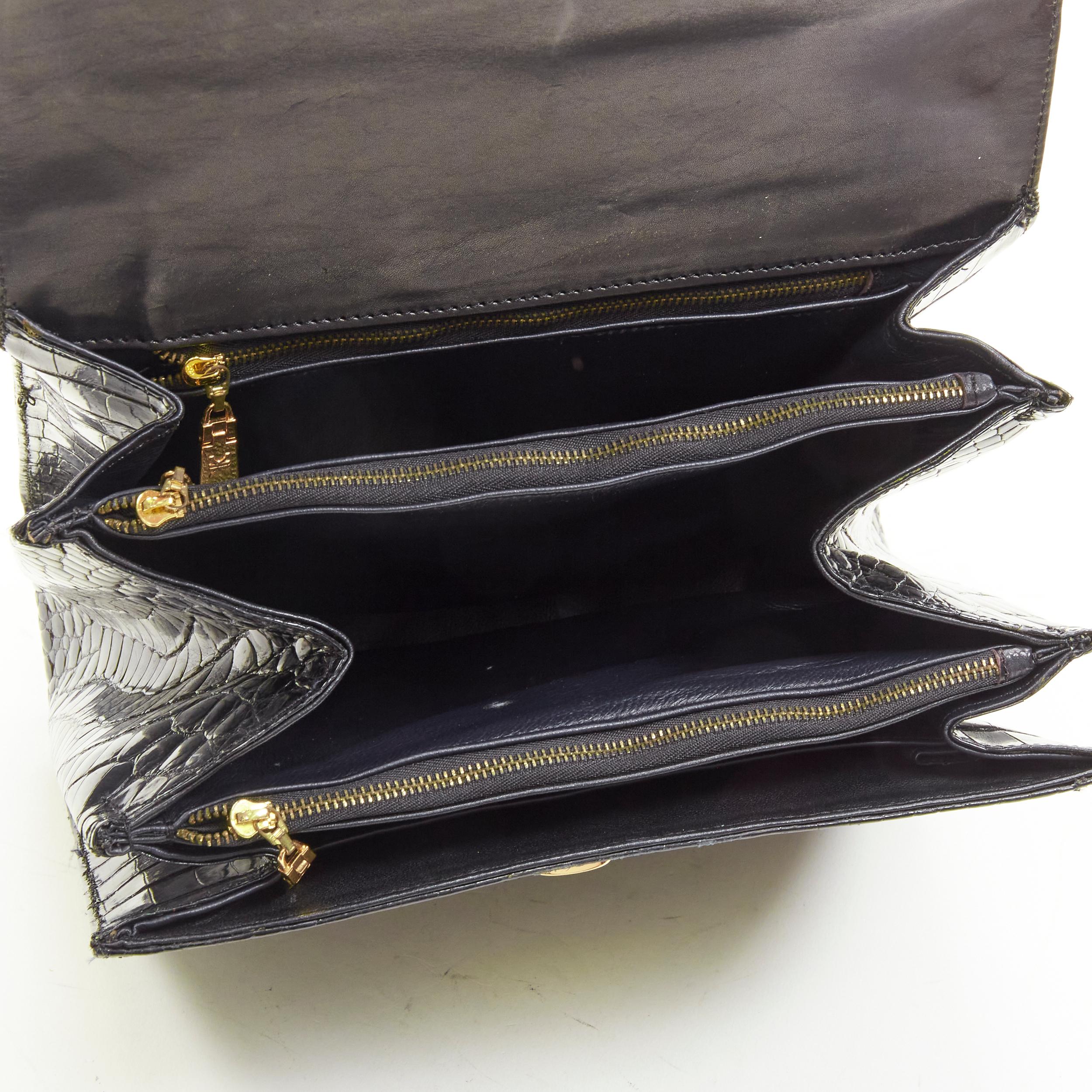 KWANPEN black polished leather gold turnlock crossbody flap satchel bag For Sale 4