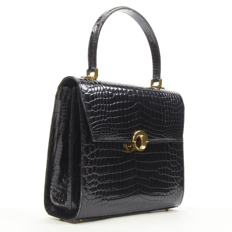 Black KWANPEN black polished leather gold turnlock crossbody flap satchel bag For Sale