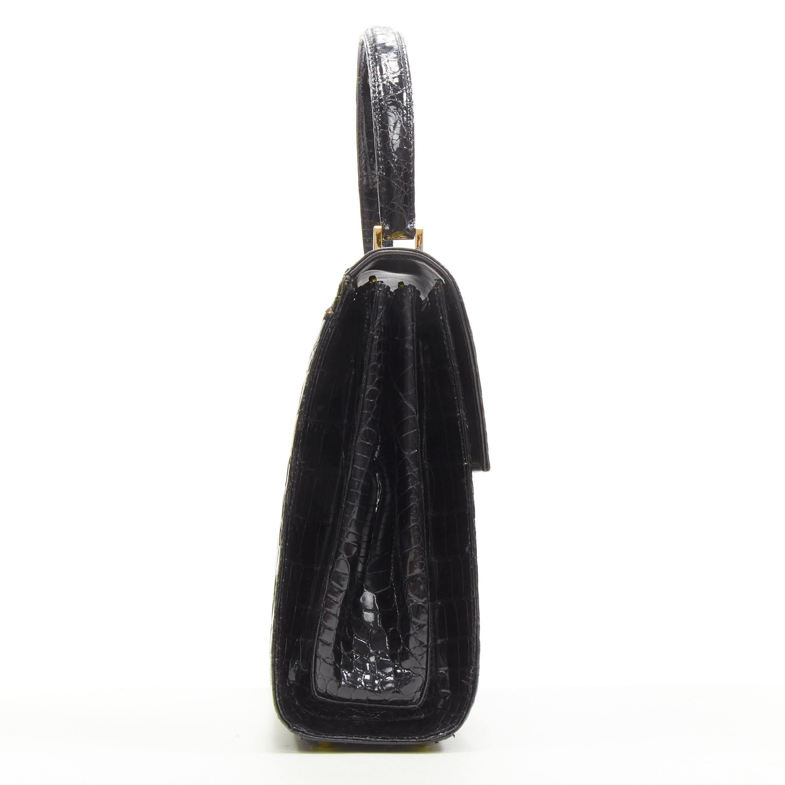 Black KWANPEN black polished leather gold turnlock crossbody flap satchel bag For Sale