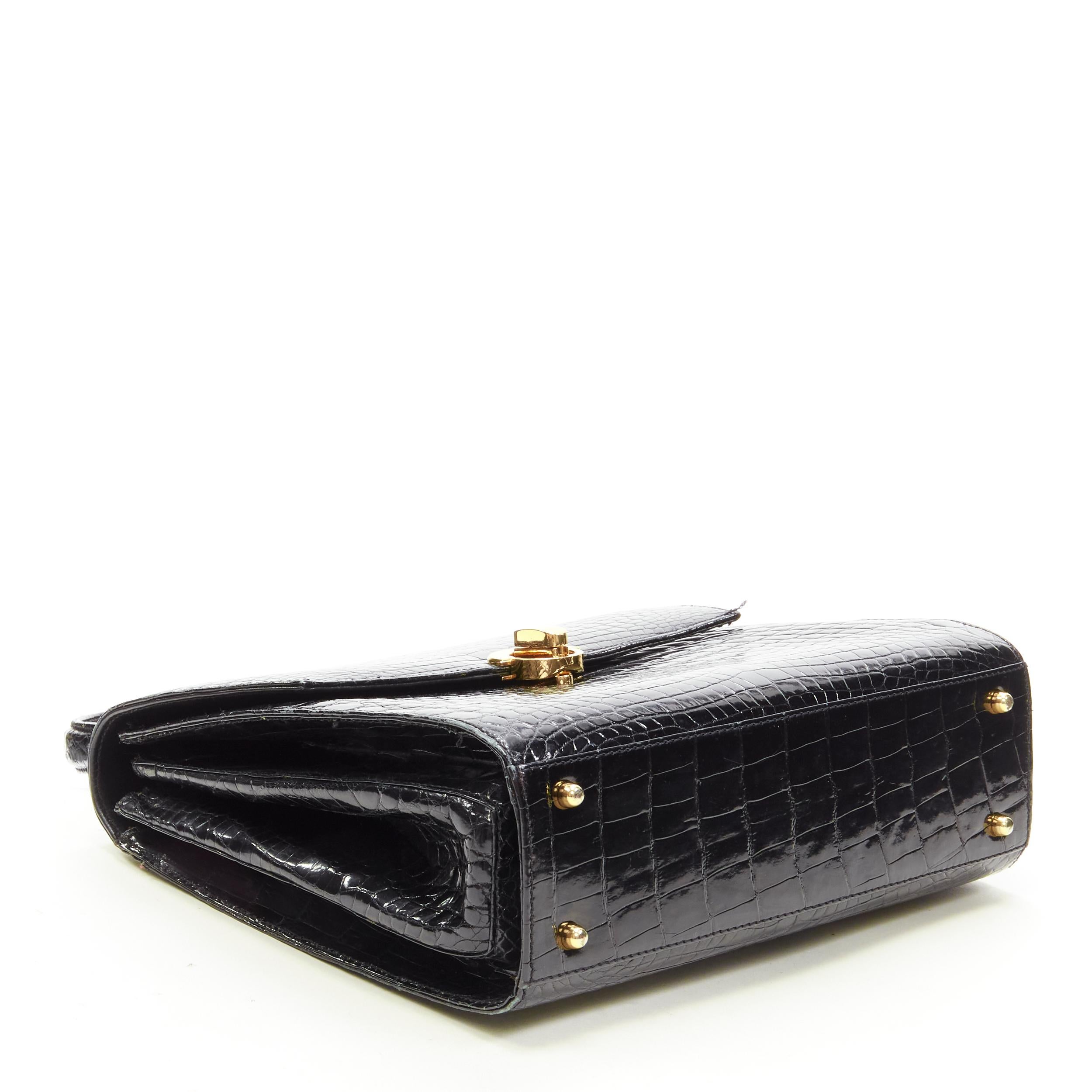 Women's KWANPEN black polished leather gold turnlock crossbody flap satchel bag For Sale