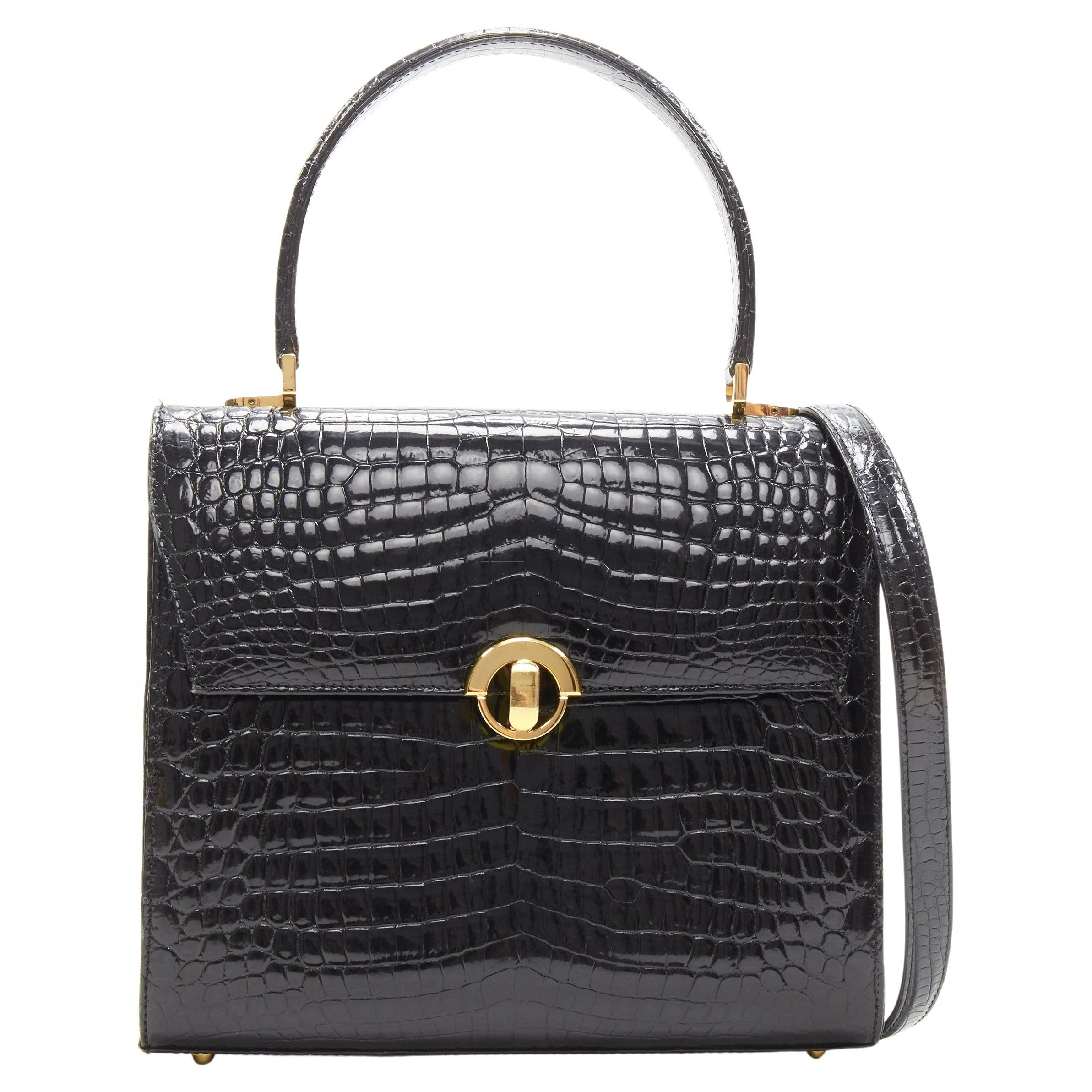 KWANPEN black polished leather gold turnlock crossbody flap satchel bag For Sale