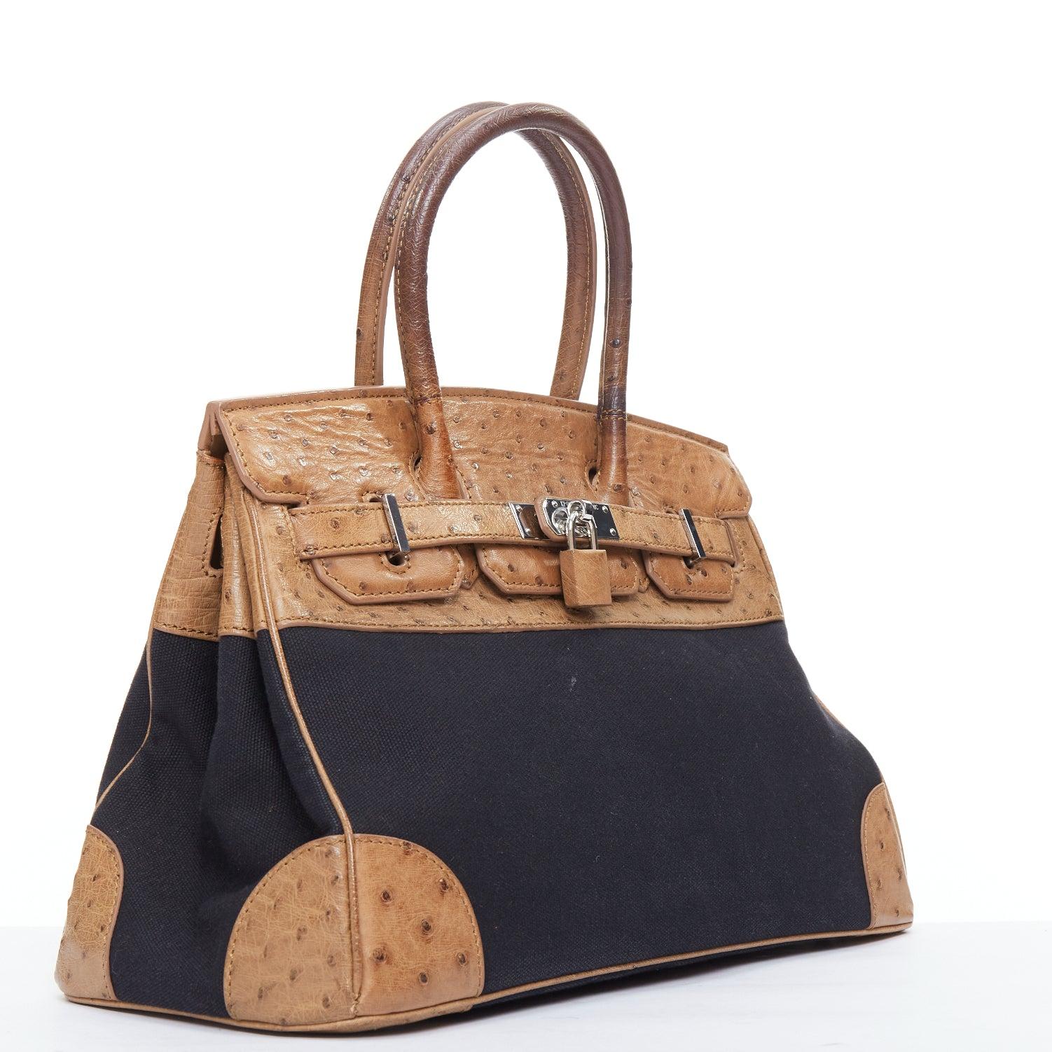 Nero KWANPEN brown leather trim black canvas satchel tote bag in vendita