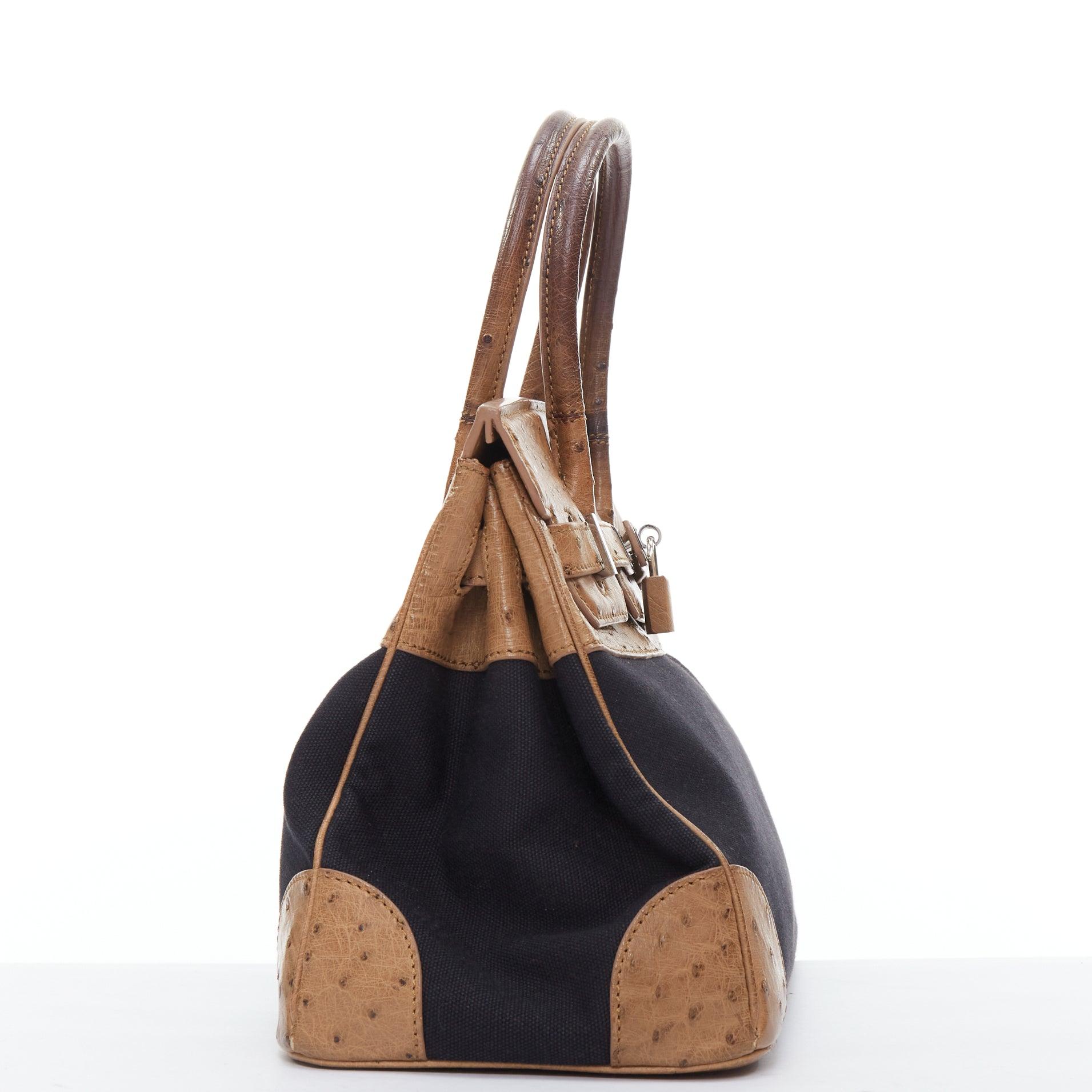 KWANPEN brown leather trim black canvas satchel tote bag In condizioni discrete in vendita a Hong Kong, NT