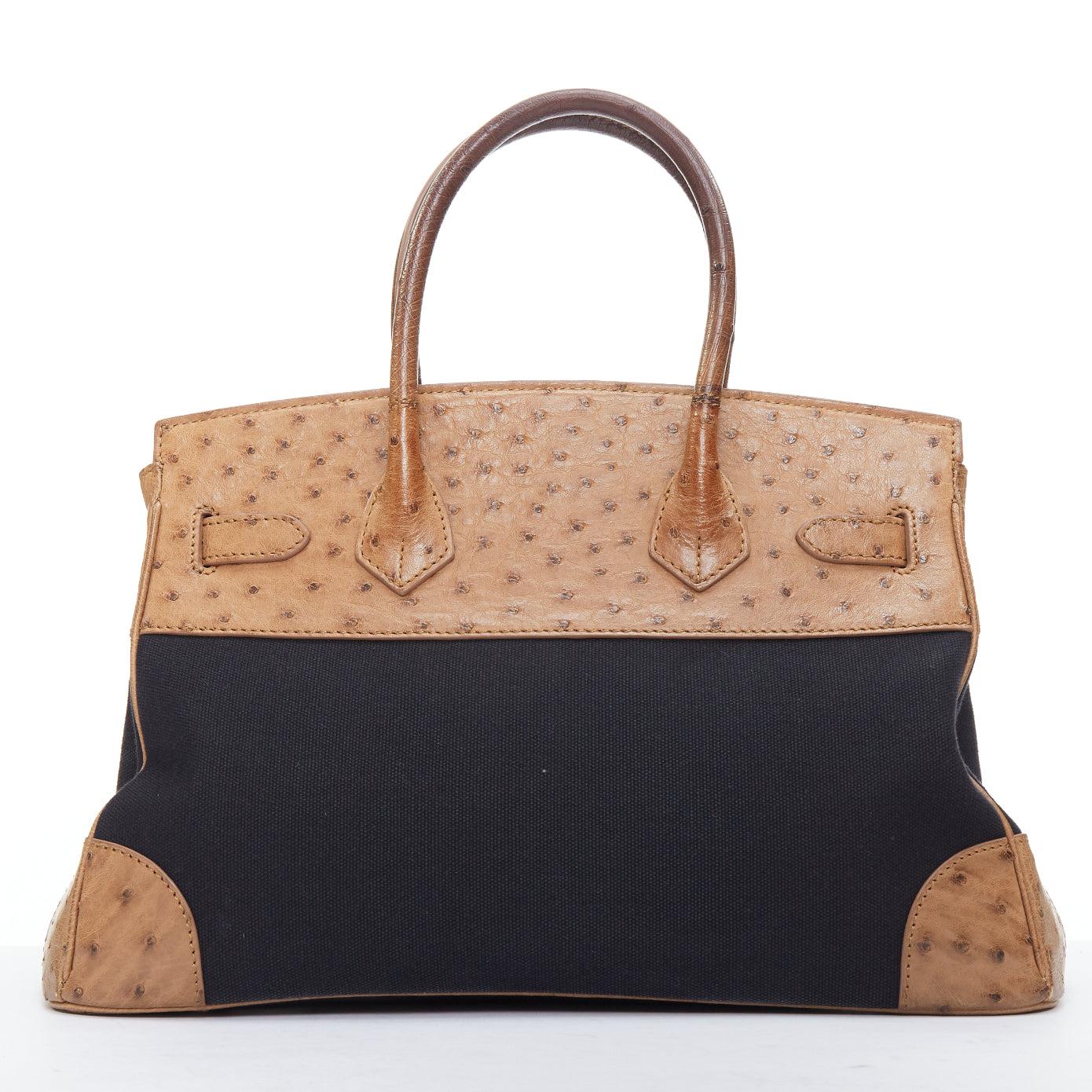 Donna KWANPEN brown leather trim black canvas satchel tote bag in vendita