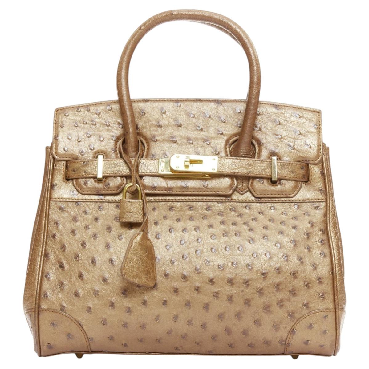 KWANPEN brown ostrich leather gold hardware top handle structured executive bag