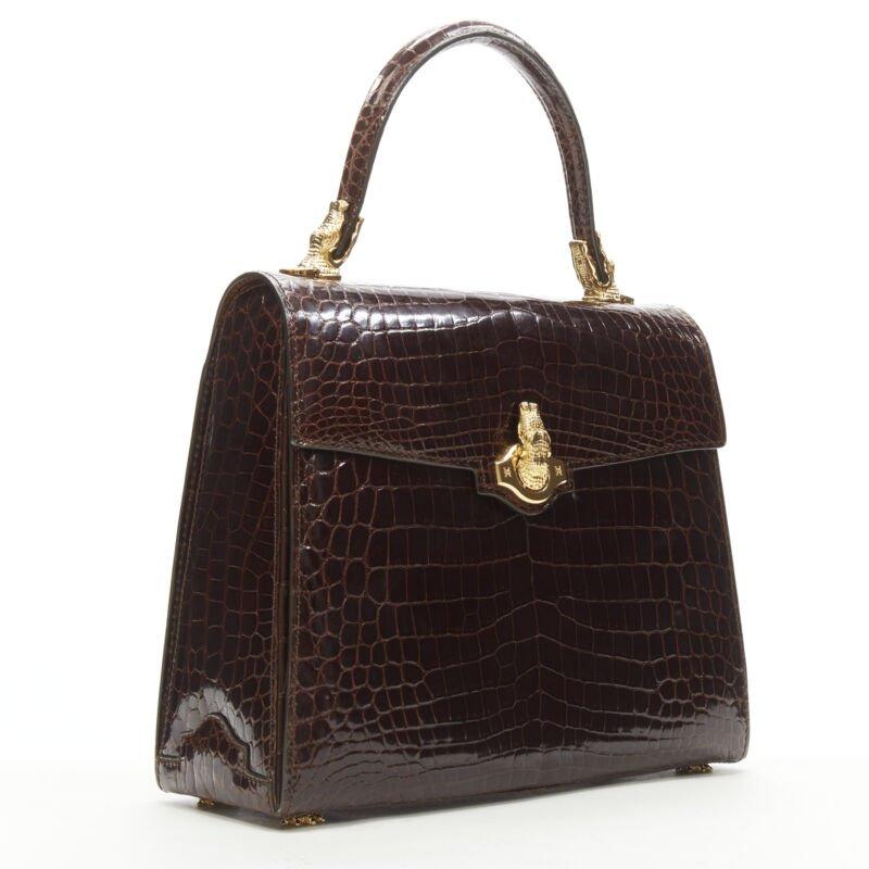 Black KWANPEN brown polished gold scaled leather hardware crossbody satchel bag For Sale