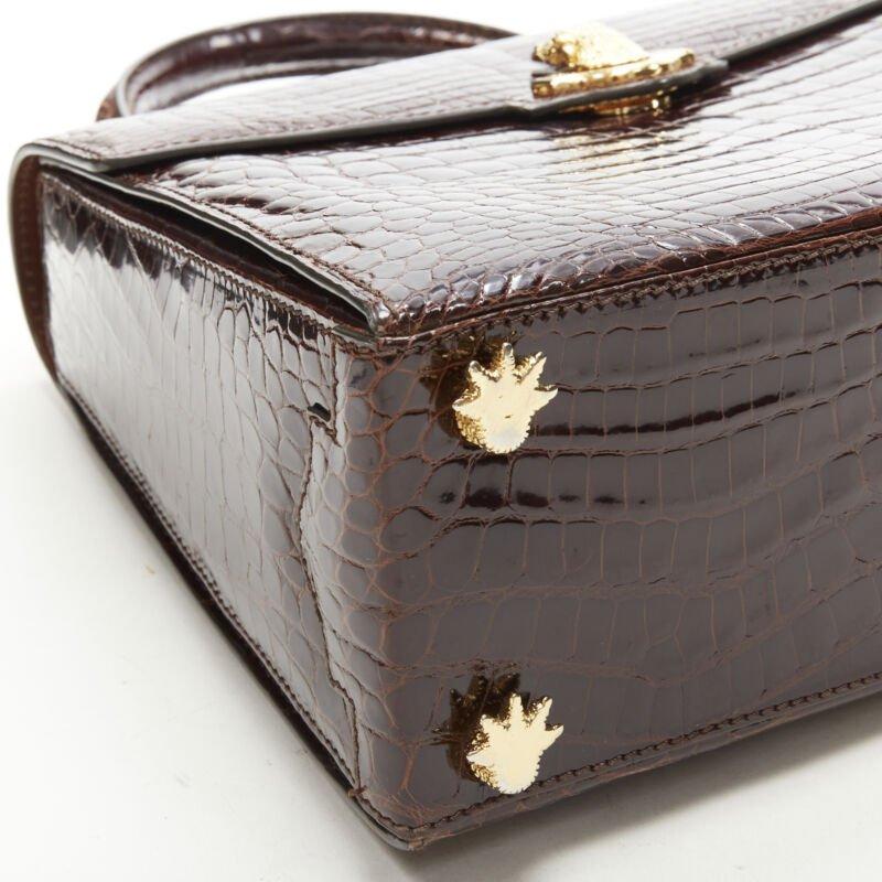 KWANPEN brown polished gold scaled leather hardware crossbody satchel bag For Sale 4