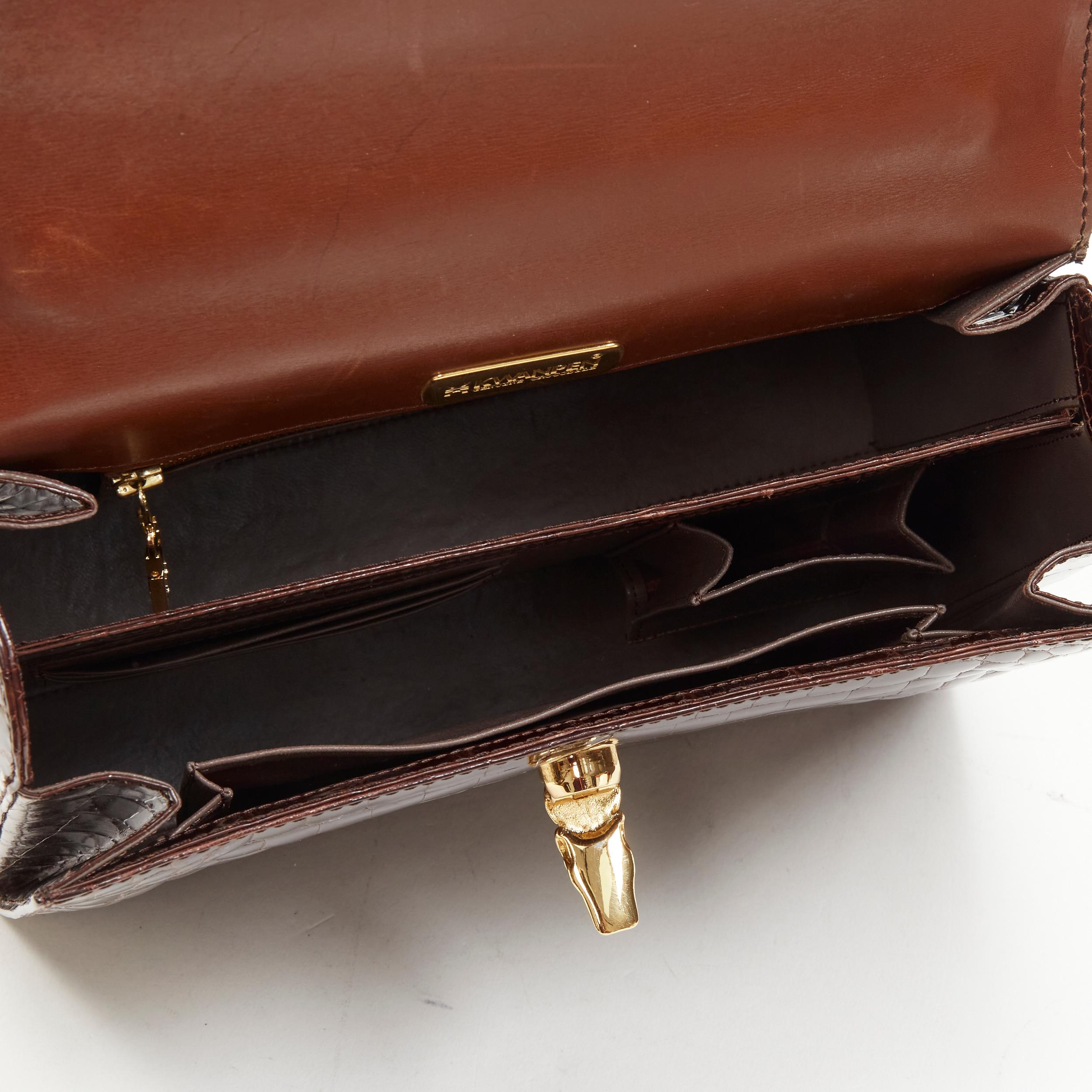 KWANPEN brown polished leather gold croc hardware buckle crossbody satchel bag For Sale 5