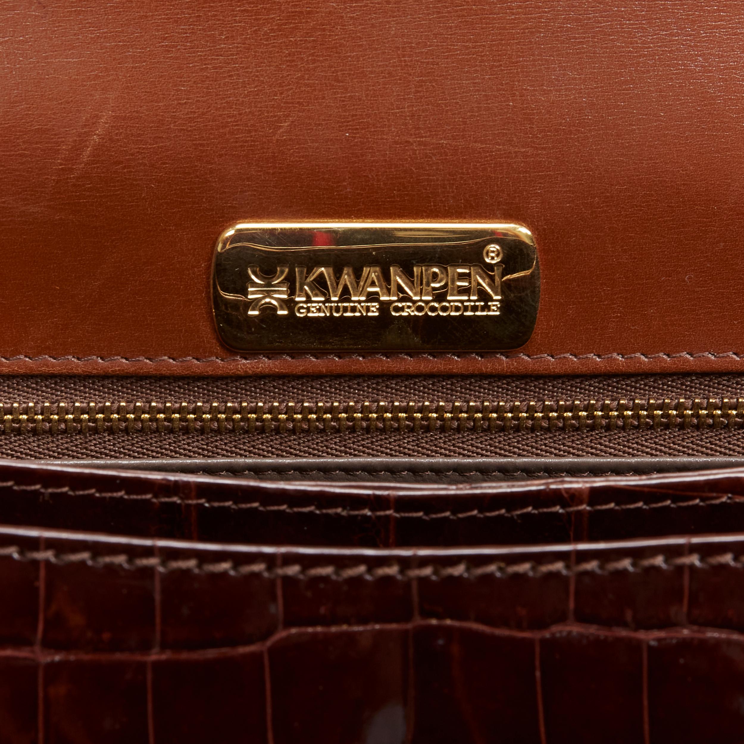 KWANPEN brown polished leather gold croc hardware buckle crossbody satchel bag For Sale 6