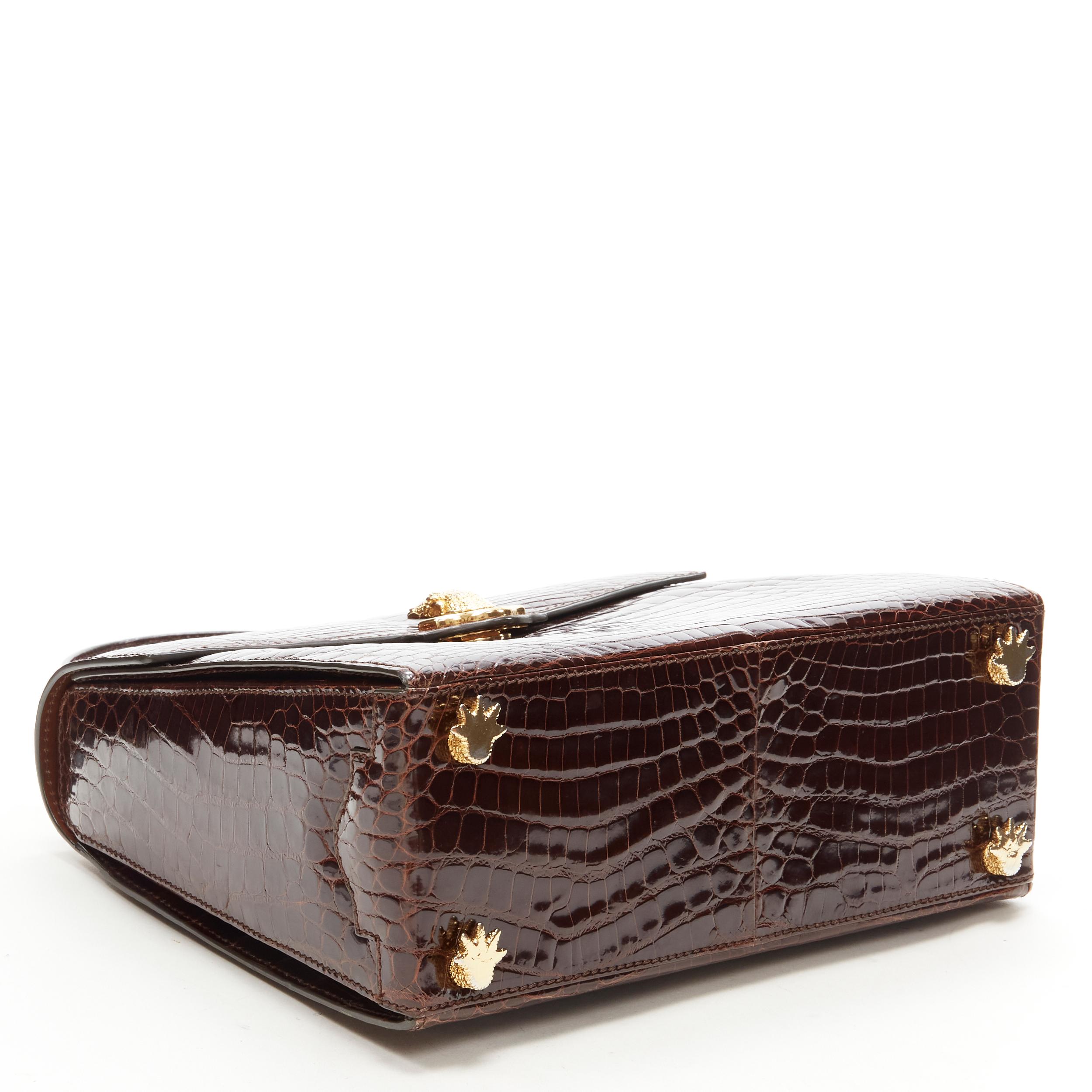 Women's KWANPEN brown polished leather gold croc hardware buckle crossbody satchel bag For Sale