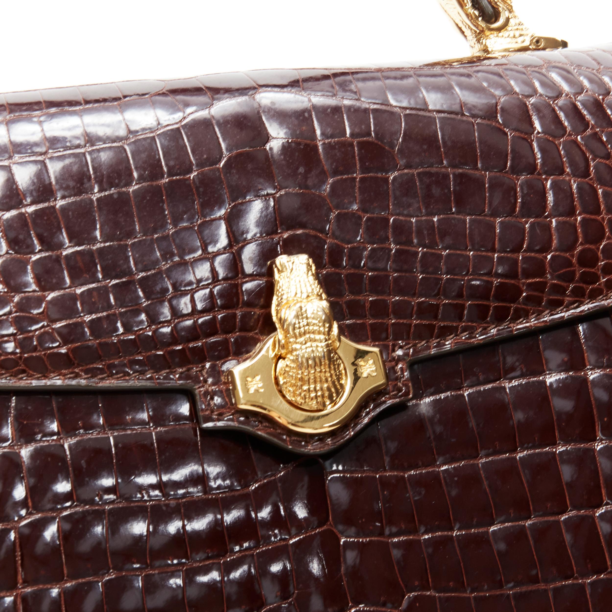 KWANPEN brown polished leather gold croc hardware buckle crossbody satchel bag For Sale 2