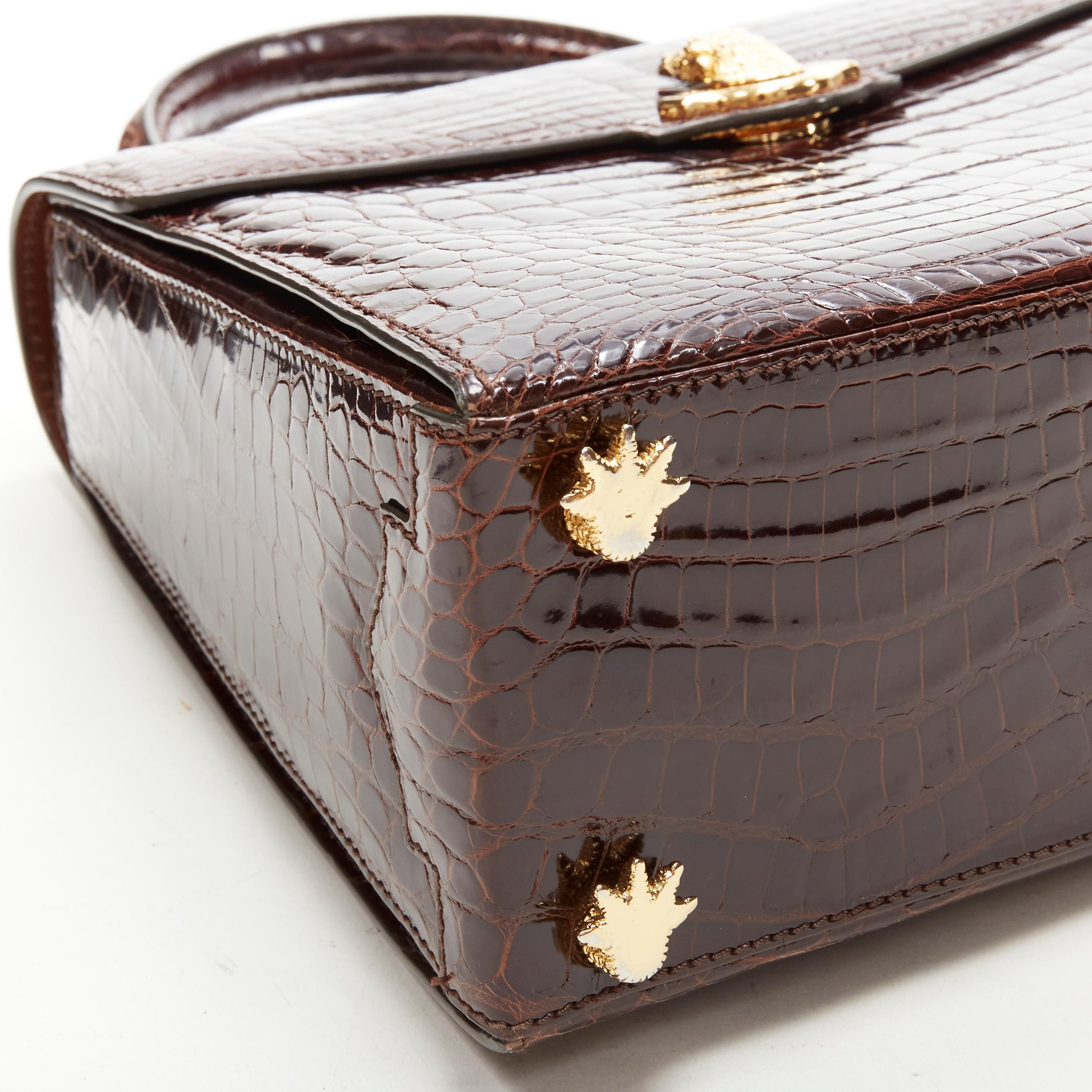 KWANPEN brown polished leather gold croc hardware buckle crossbody satchel bag For Sale 3