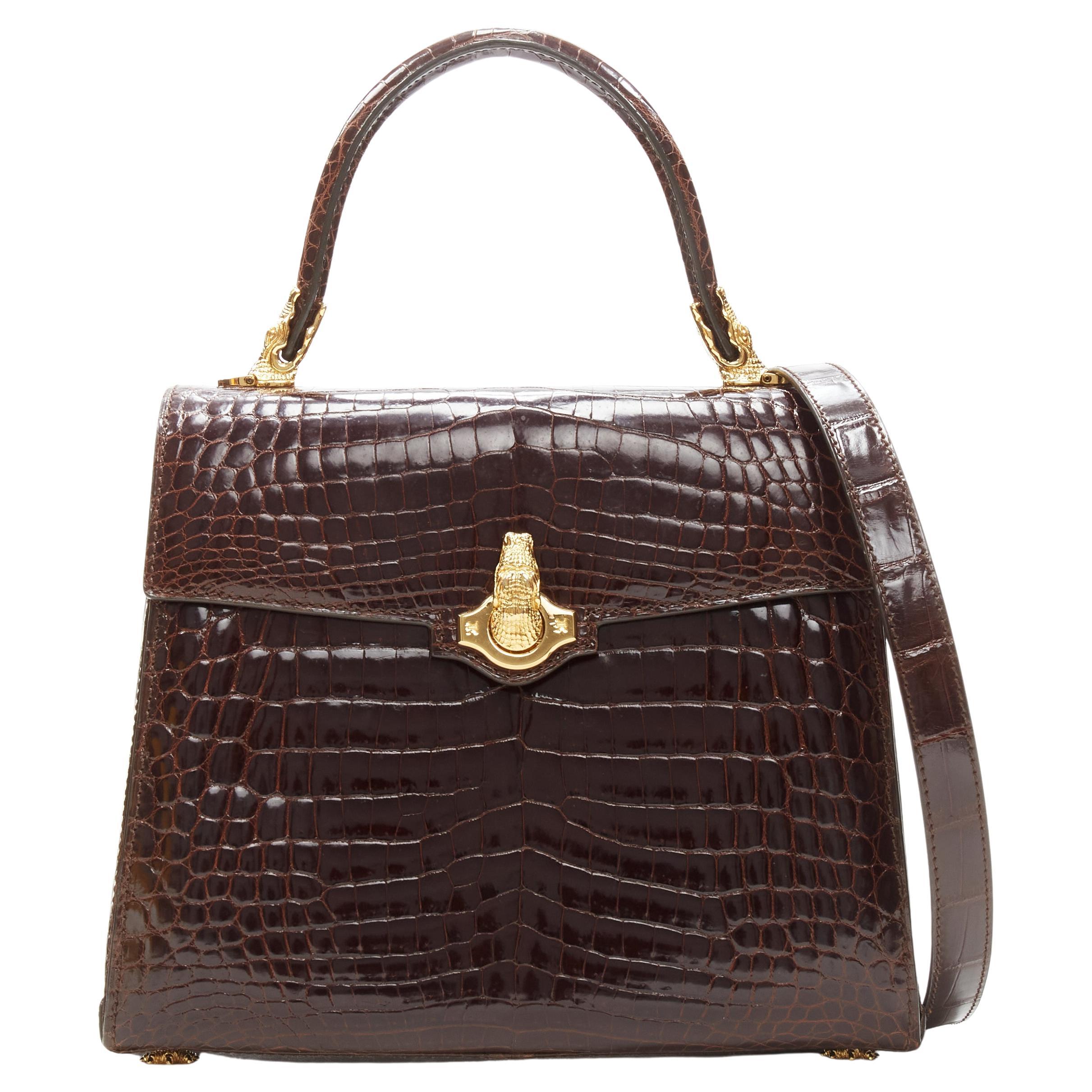 KWANPEN brown polished leather gold croc hardware buckle crossbody satchel bag For Sale