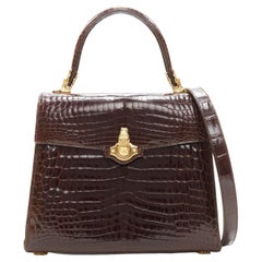 KWANPEN brown polished leather gold croc hardware buckle crossbody satchel bag