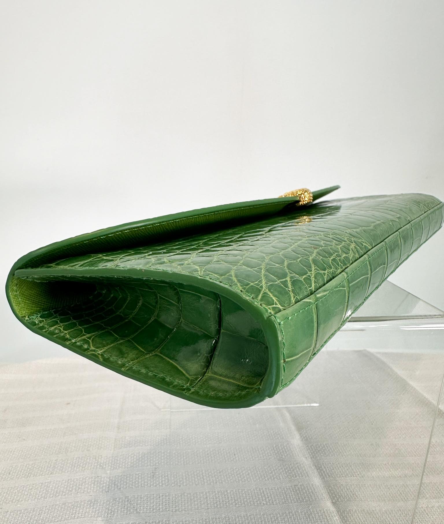 Kwanpen Grass Green Crocodile Long Clutch Handbag with Gold Hardware 6