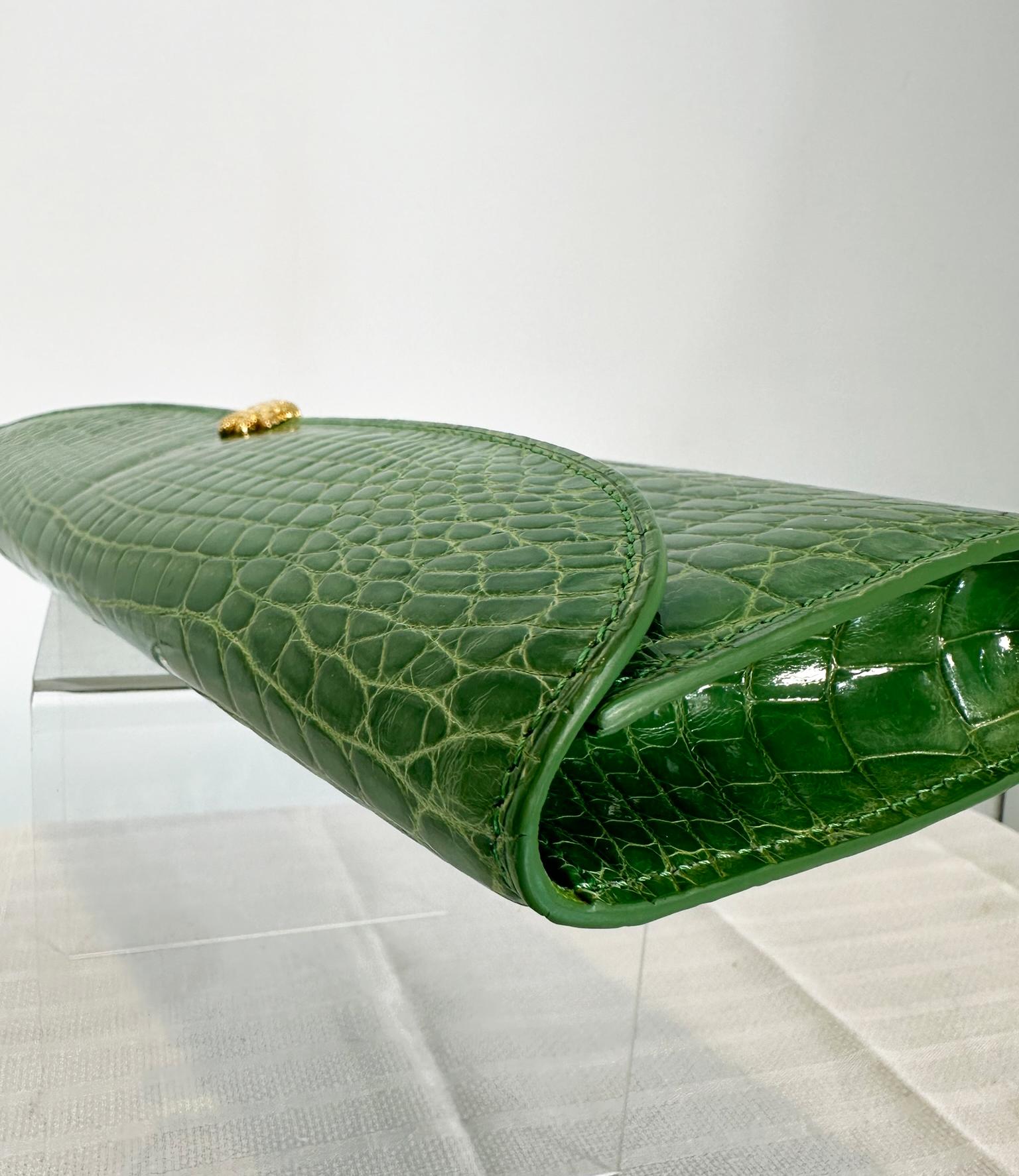 Kwanpen Grass Green Crocodile Long Clutch Handbag with Gold Hardware 7