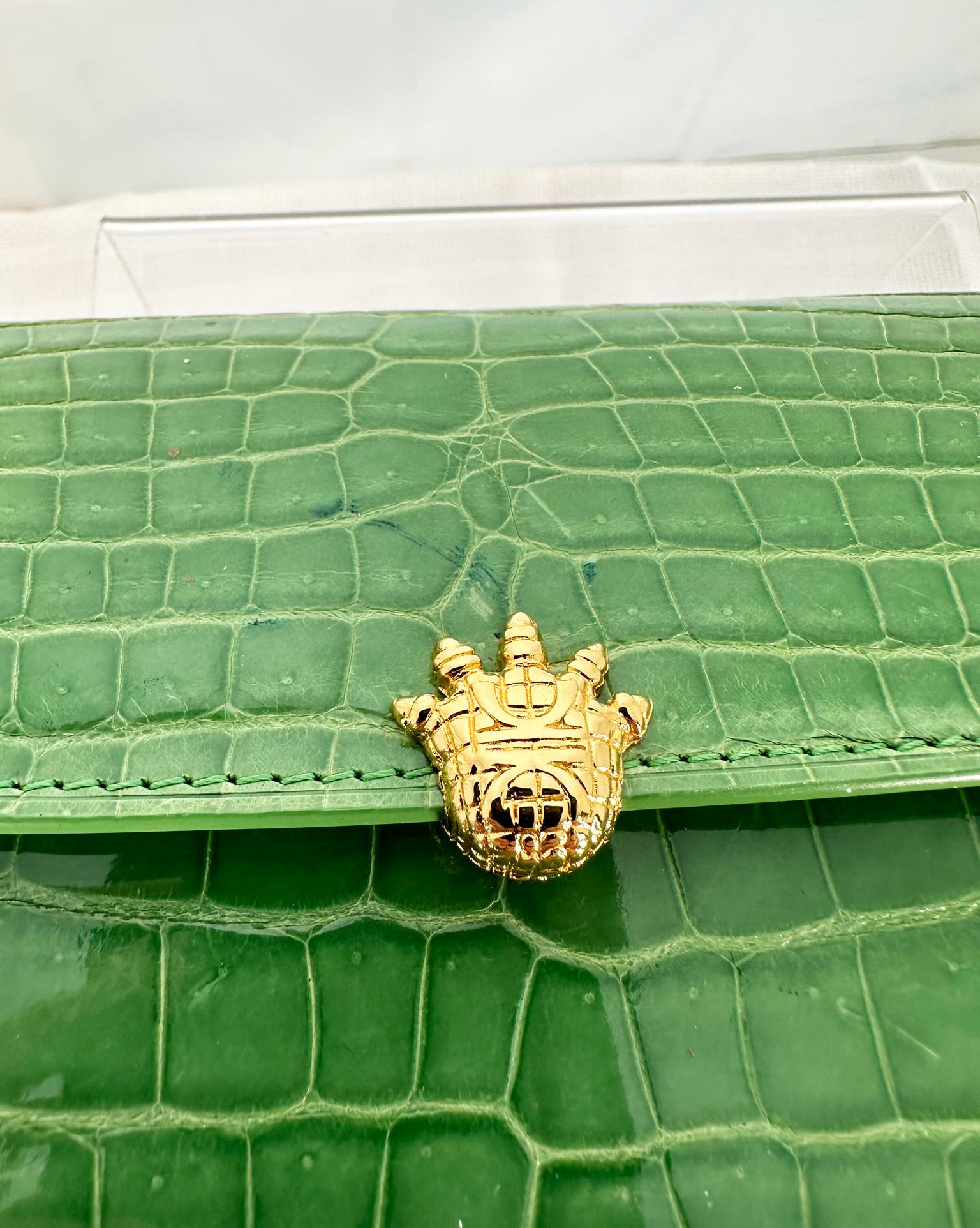 Kwanpen Grass Green Crocodile Long Clutch Handbag with Gold Hardware 8