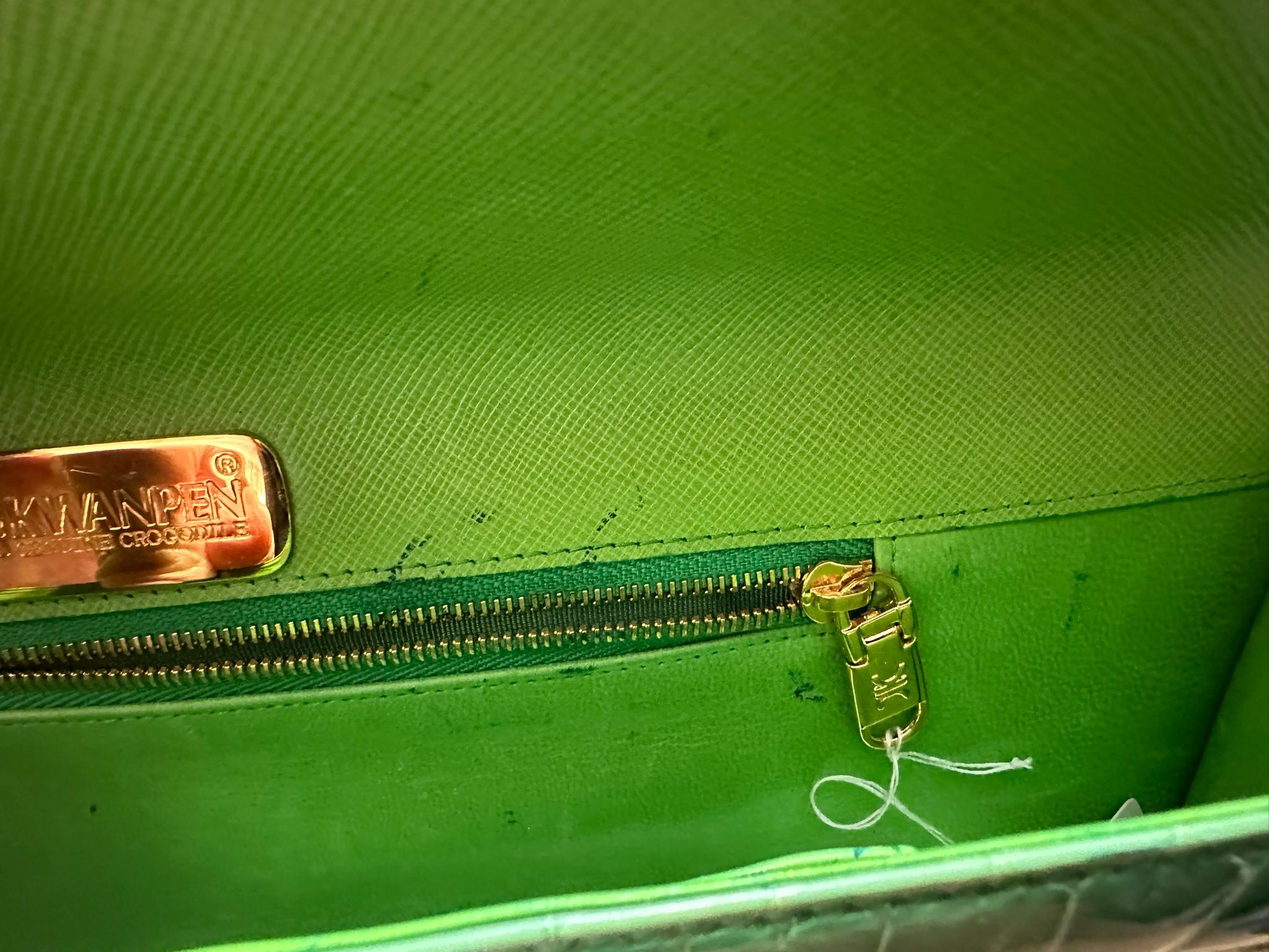 Kwanpen Grass Green Crocodile Long Clutch Handbag with Gold Hardware 9