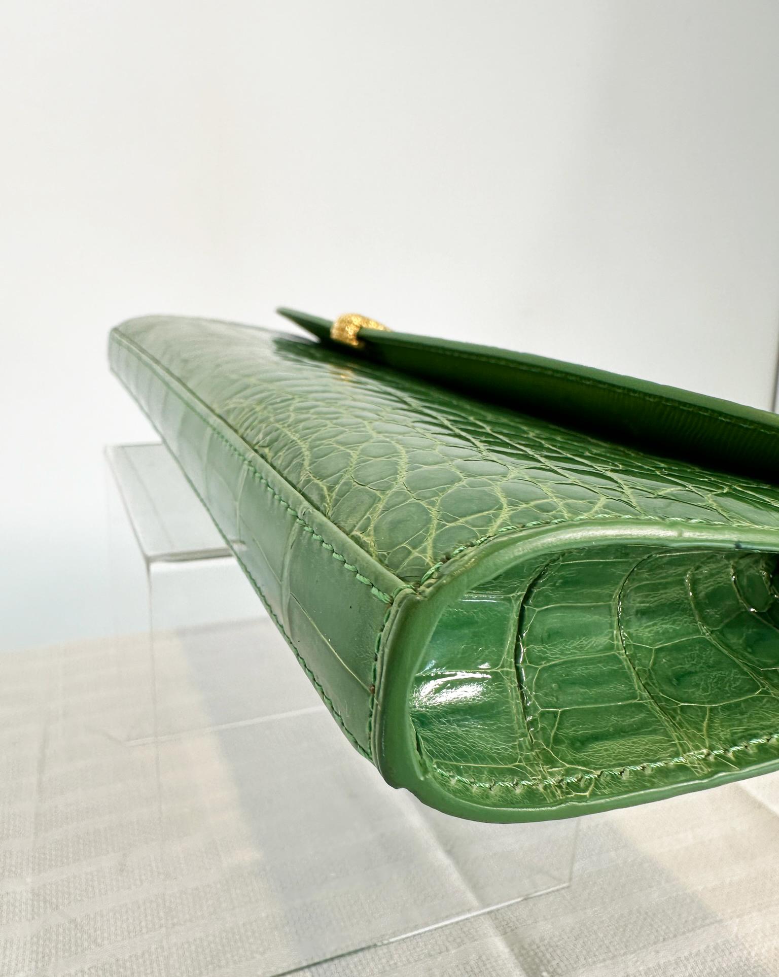 Kwanpen Grass Green Crocodile Long Clutch Handbag with Gold Hardware 4