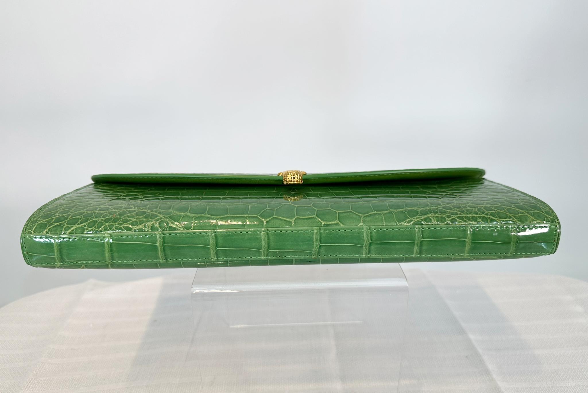 Kwanpen Grass Green Crocodile Long Clutch Handbag with Gold Hardware 5