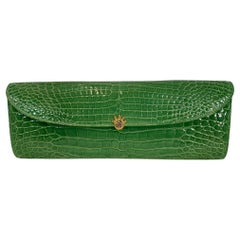 Kwanpen Grass Green Crocodile Long Clutch Handbag with Gold Hardware