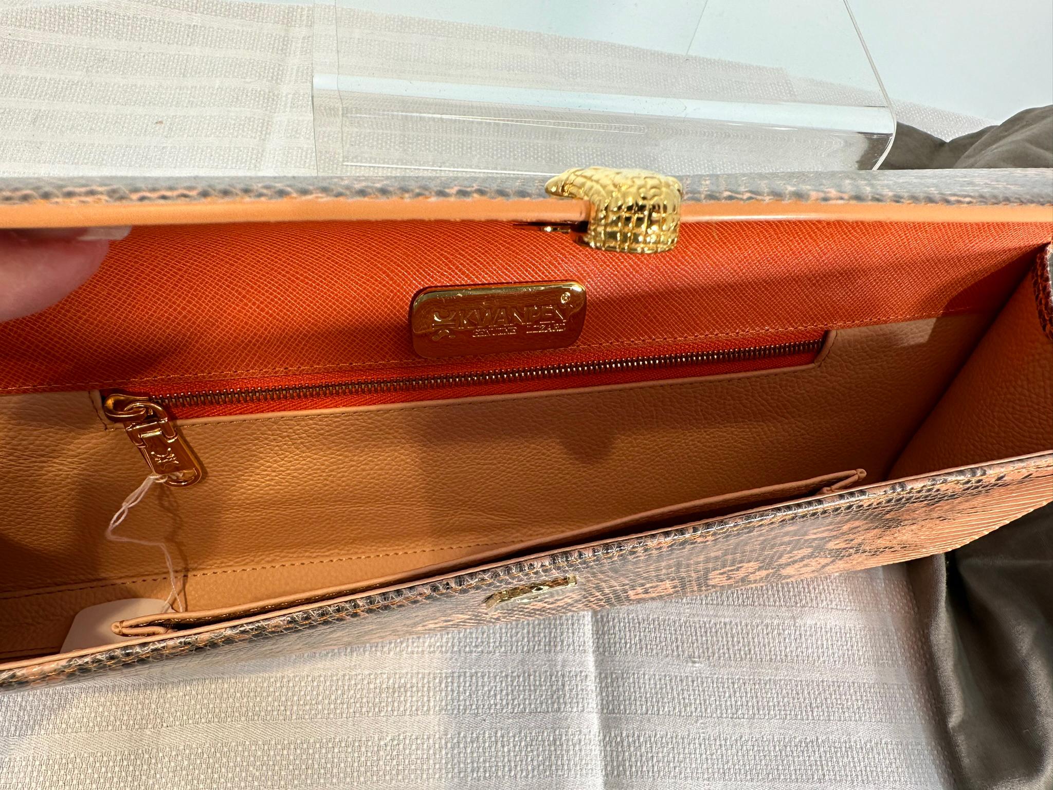 Kwanpen Peach Pink & Black Long Lizard Clutch Handbag Gold Hardware For Sale 6