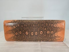 Kwanpen Peach Pink & Black Long Lizard Clutch Handbag Gold Hardware