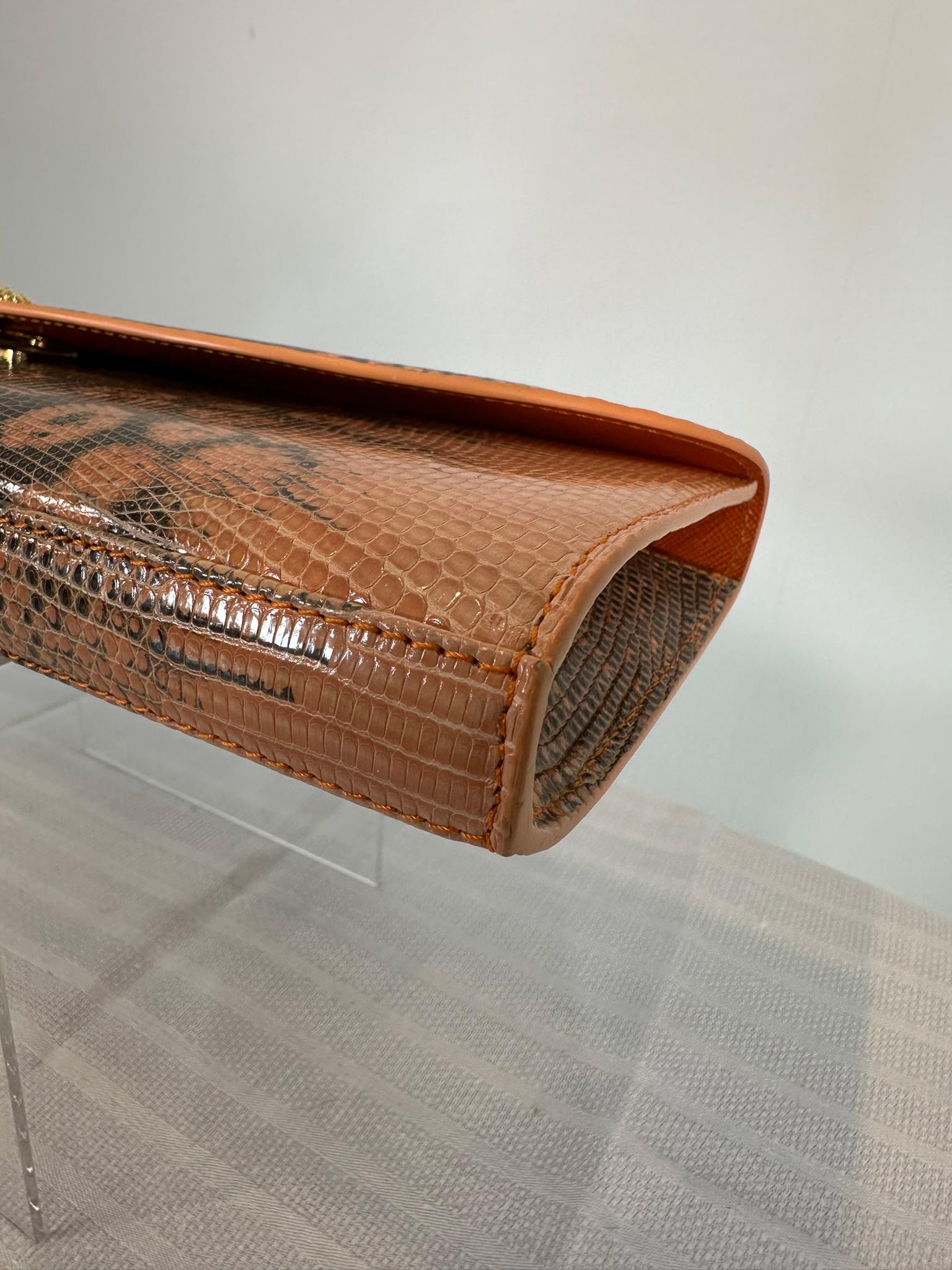 Women's or Men's Kwanpen Peach Pink & Black Long Lizard Clutch Handbag Gold Hardware For Sale