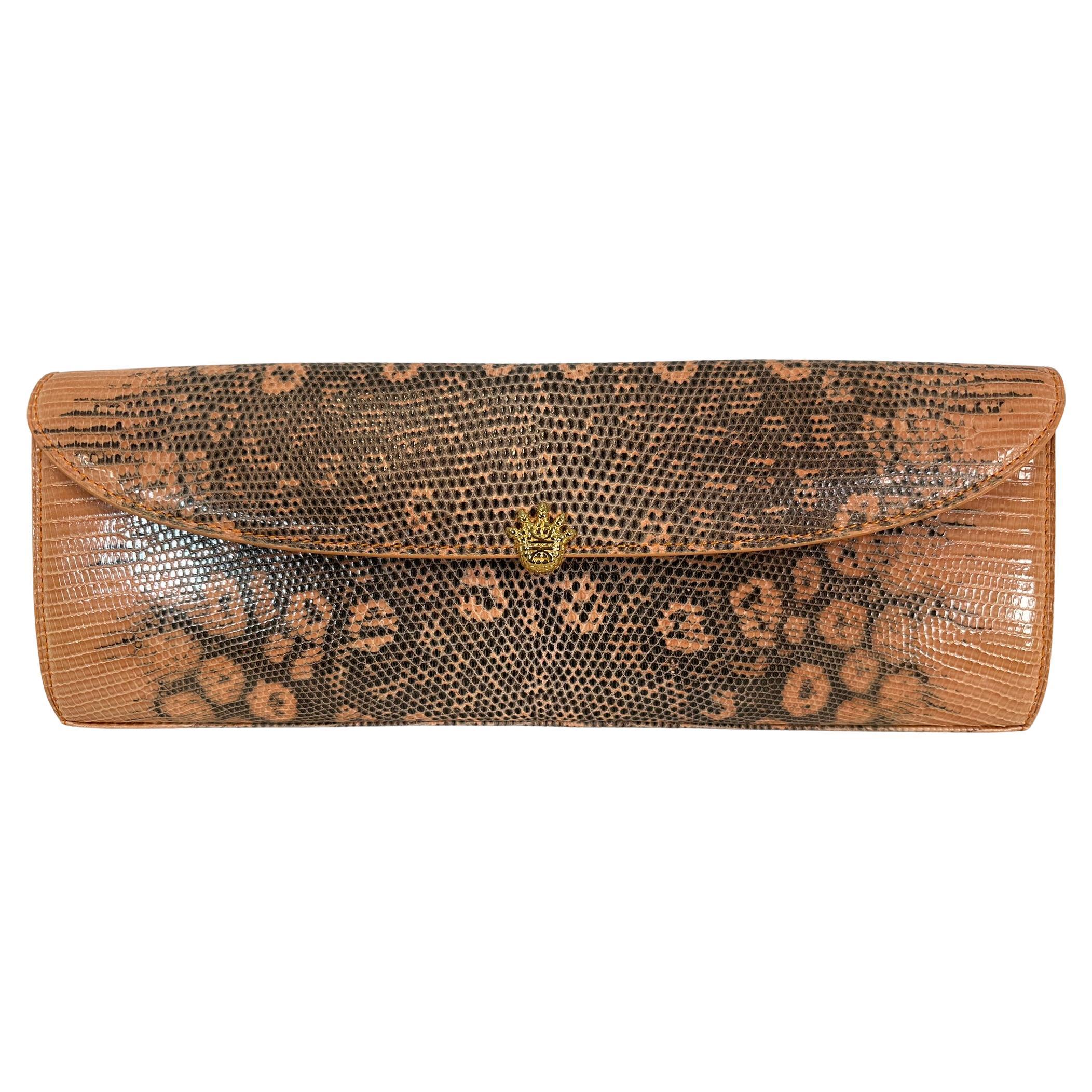Kwanpen Peach Pink & Black Long Lizard Clutch Handbag Gold Hardware For Sale